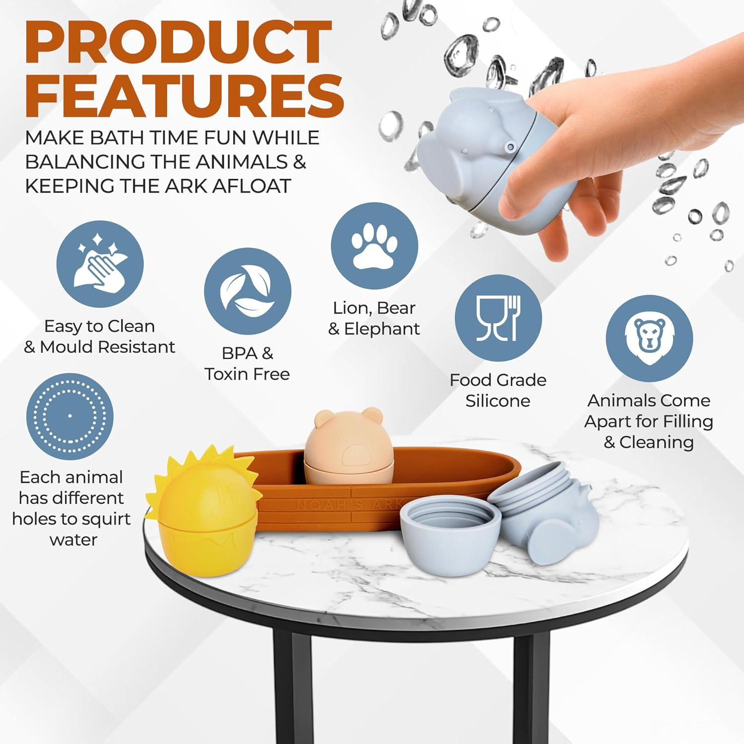 Ollie+Zara Noah'S Ark Silicone Bath Toy Set - Mould Free - 4 Piece - Exclusive Design - Squirt Water and Open to Clean