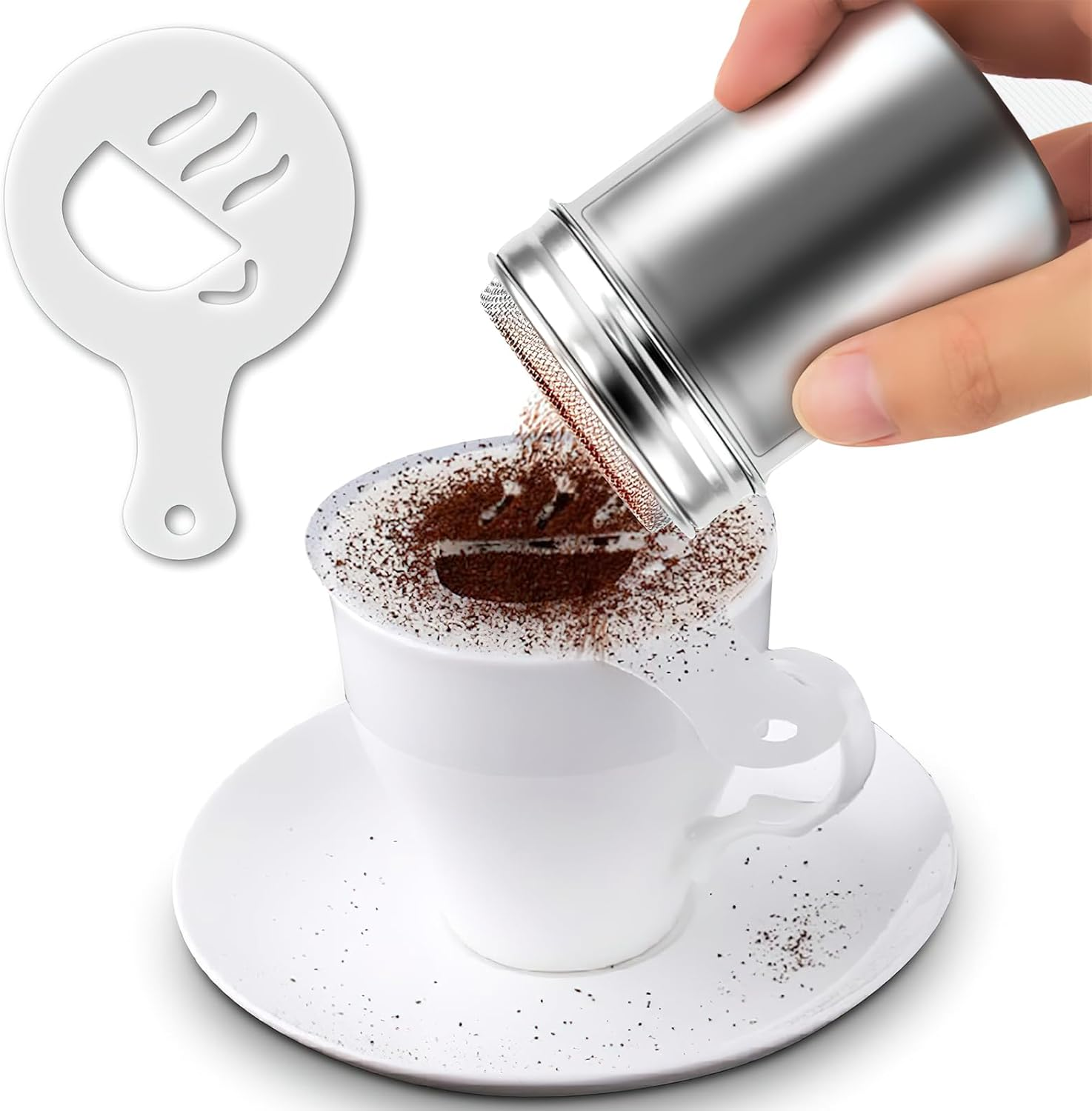 Stainless Steel Powder Shaker with 16 Piece Printing Stencils Chocolate Shaker for Coffee Cocoa Powder Durable Food Grade 304 Stainless Steel Easy Clean and Freshness Seal Ideal for Kitchen Use image number 3