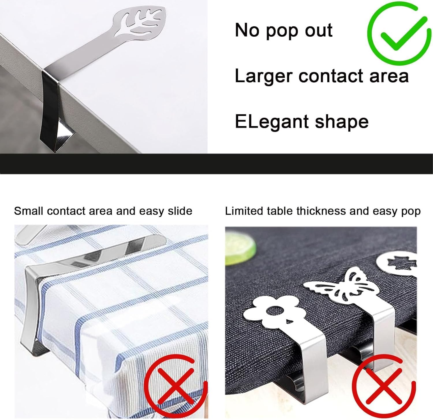 20 Pcs Table Cloth Holder Clips, Betterjonny Leaf Shape Stainless Steel Silver Thickened Strong Cloth Clip Adjustable Table Cover Clamps Table Cloth Holders for Home Party Picnic Essential Accessories image number 1