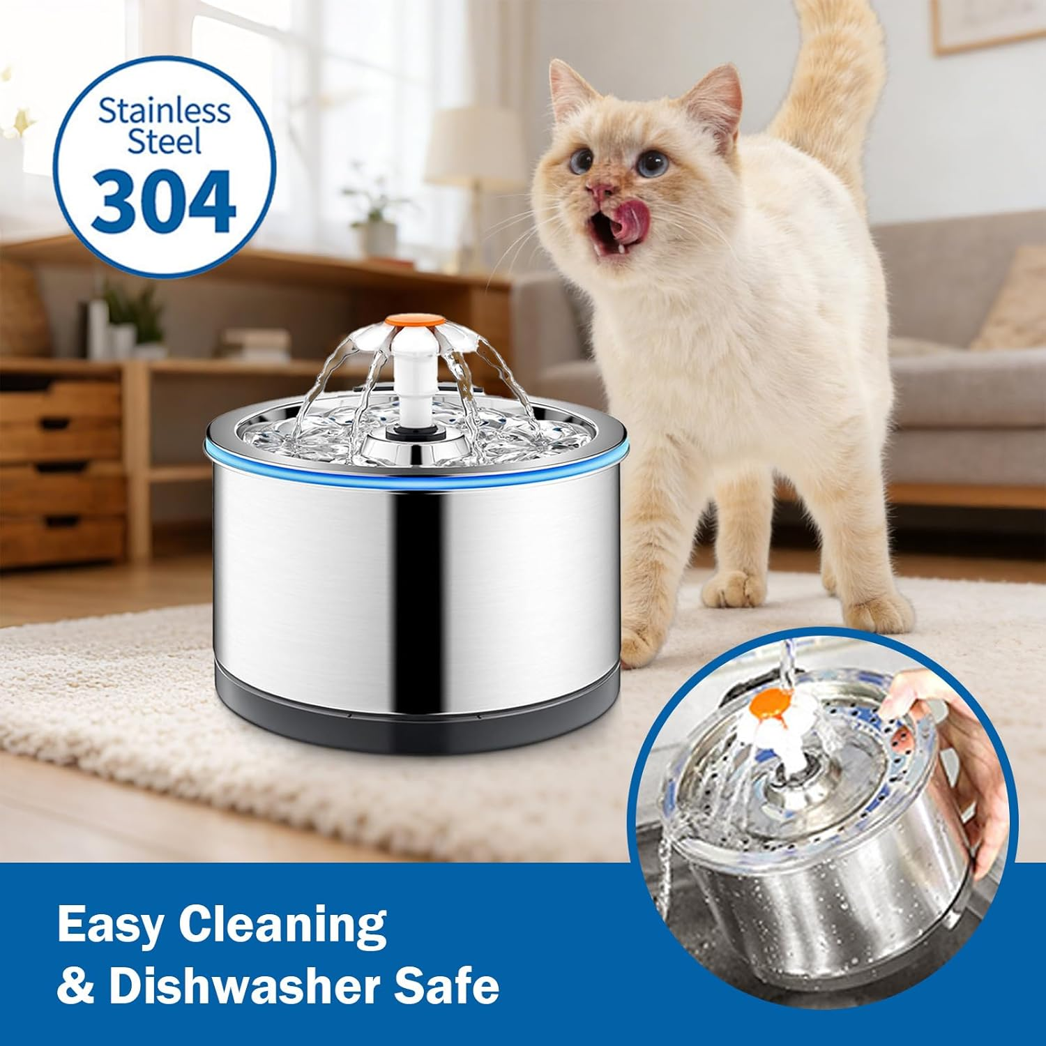 Stainless Steel Pet Drinking Fountain 81Oz/2.4L, Water Level Window & LED Light, Automatic Water Dispenser for Cats and Dogs, Includes 1 Filter (Stainless Steel, Large) - White image number 5