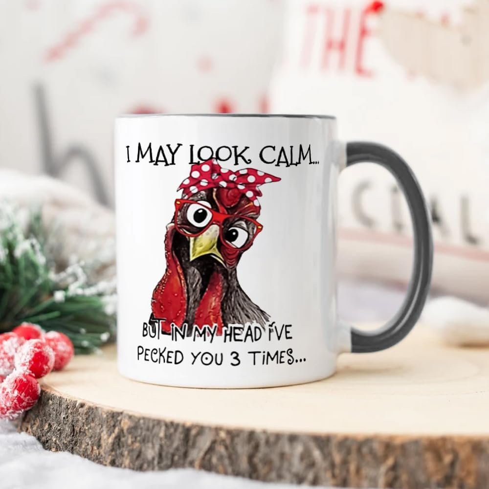 Fatbaby Funny Chicken Rooster Gift Mug for Farmer,Farmhouse Chicken Lover Mug for Women,I May Look Calm but in My Head I'Ve Pecked You 3 Times Ceramic Coffee Cup 11OZ image number 2