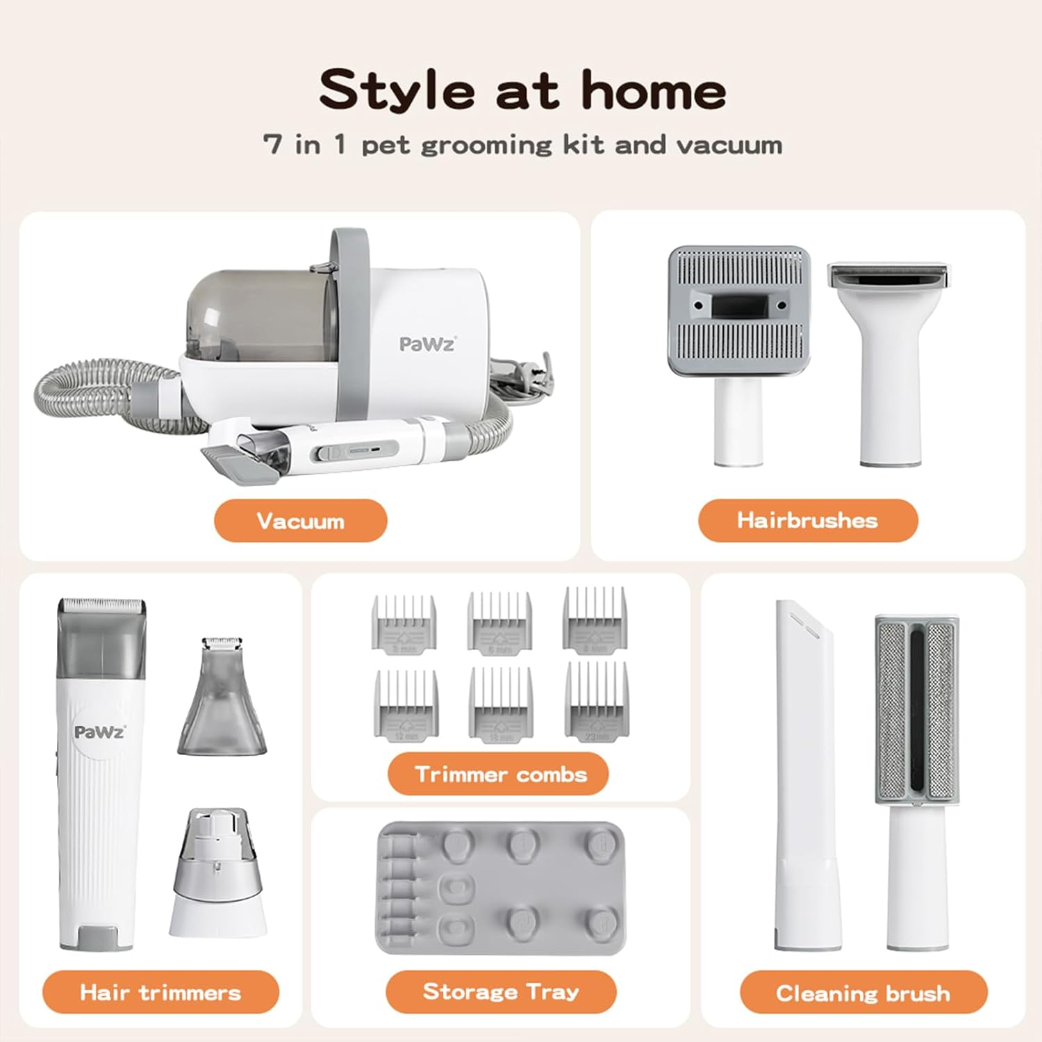 Pawz Pet Grooming Kit 3 Vacuum Levels, 7 in 1 Electric Cordless Dog Cat Grooming Set with Paw Hair Trimmer,Cleaning Brush for Shedding,Wireless Dryer Remover Clipper,1.5L Cup, Low Nosie Pet Supplies image number 3