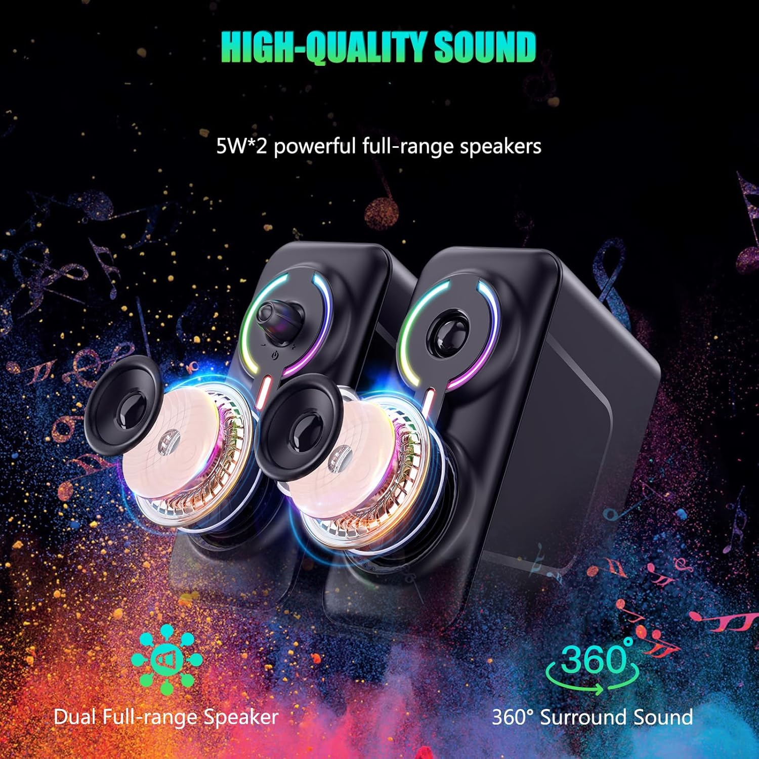 Bluetooth Computer Speakers, RGB Gaming Speakers with 6 Color Backlit, 2.0 CH Stereo Subwoofer, USB Powered Speakers for Pcs, Desktop, Laptop, Monitor, Mac, Phone image number 1