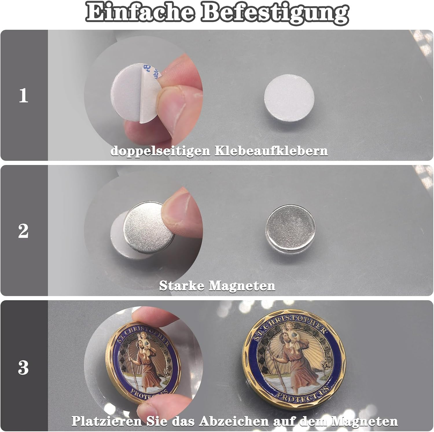 Saint Christopher Car Badges Diameter 4 Cm Saint Christopher Medal Protect Us Come Good Home Gift with 1 Magnet Iron Piece and 3 Double-Sided Adhesive Stickers (Colourful) image number 4