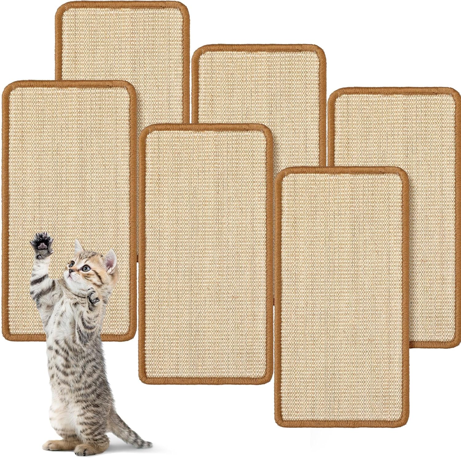Mixweer 6 Pcs Wall Mounted Cat Scratching Post with Hook and Loop Strips, 9.8 X 19.7 Inch Sisal Cat Scratching Pad Scratch Mat Cat Scratch Pad Rug for Couch Wall Window Perch Wall Furniture image number 1