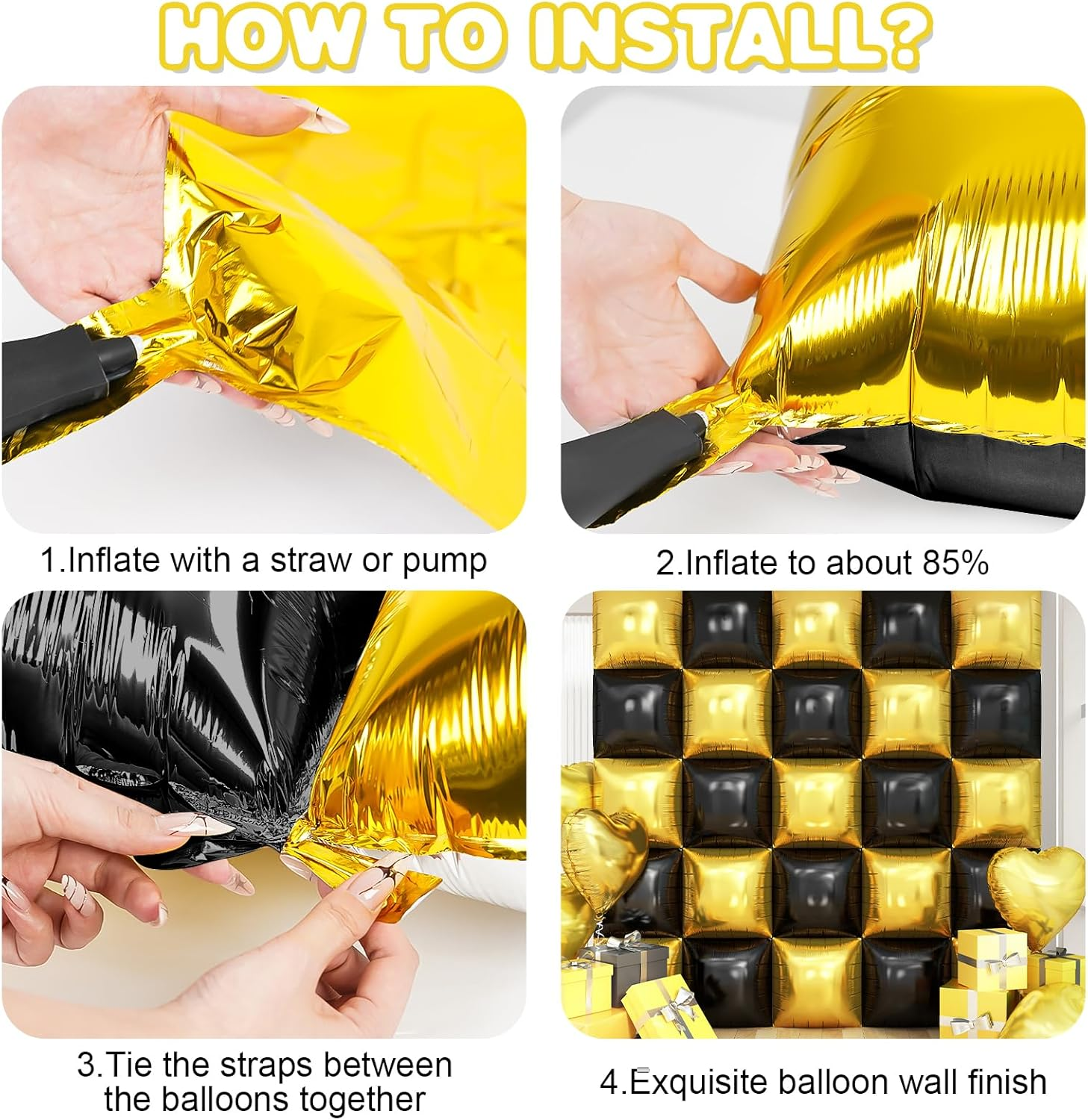 Square Foil Balloon Wall, 25Pcs Double Sided Balloon Backdrop Helium Mylar Balloon Tunnel Arch Garland Kit for Birthday Bridal Anniversary Baby Shower Party Decorations (Black Gold) image number 1