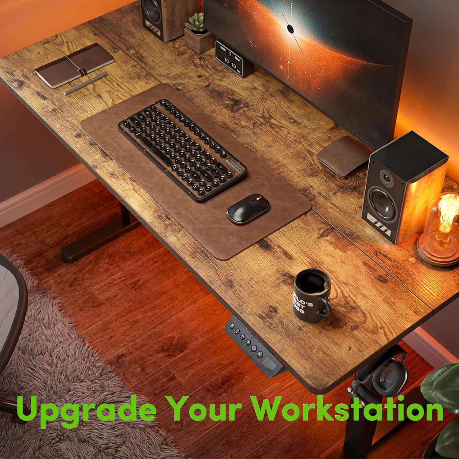 Electric Standing Desk - Motorized Height Adjustable Sit Stand Table with Touch Control Panel, Cable Management, and Headphone Hook - Ideal for Home Office (Black Frame+120Cm Brown Top) - White Frame120Cm Log Top image number 7