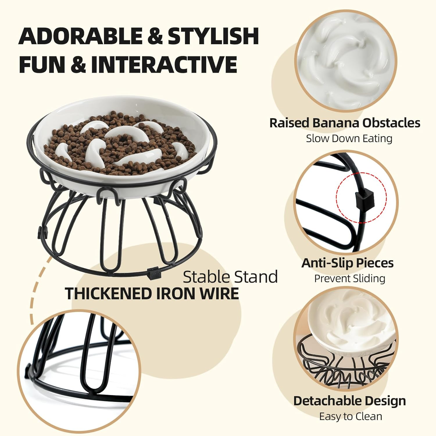 PTOBER Cat Slow Feeder &ndash; Anti-Overeating Cat Bowl with Non-Slip Metal Stand &ndash; Ceramic, Ivory White - Ivory White image number 5