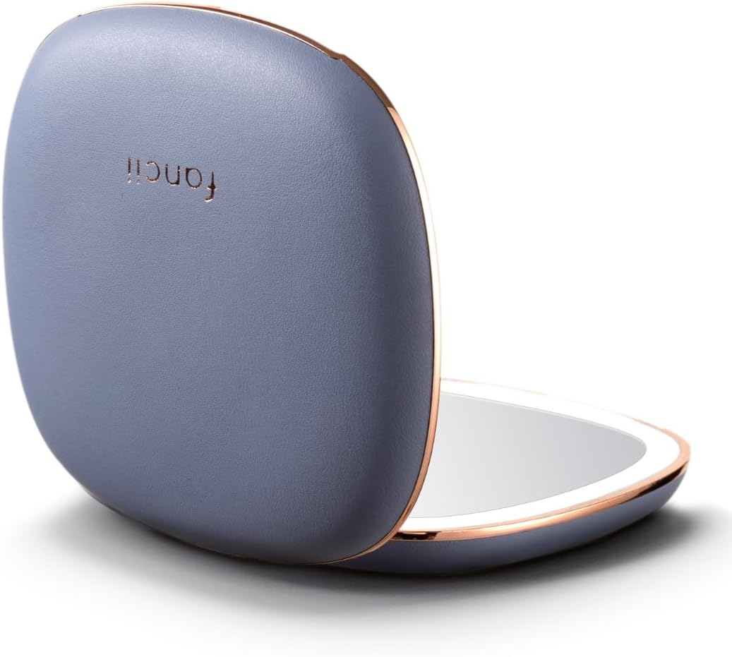Fancii Mila 2 LED Lighted Compact Makeup Mirror, Rechargeable, 10X /1X Magnifying, Tru-Glow Light System, Vegan Leather, Small Travel Mirror for Purses (Harbor Blue) image number 6