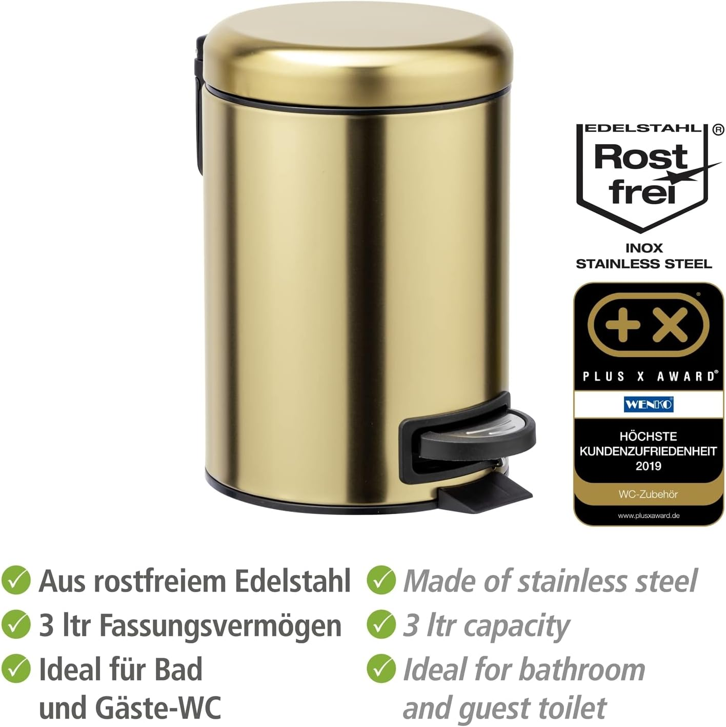 Wenko Leman Cosmetic Pedal Bin Matte Gold 3 L &ndash; Cosmetic Bin, Rubbish Bin with Anti-Fingerprint, Capacity: 3 Litres, Stainless Steel, 17 X 25 X 22.5 Cm, Gold image number 4