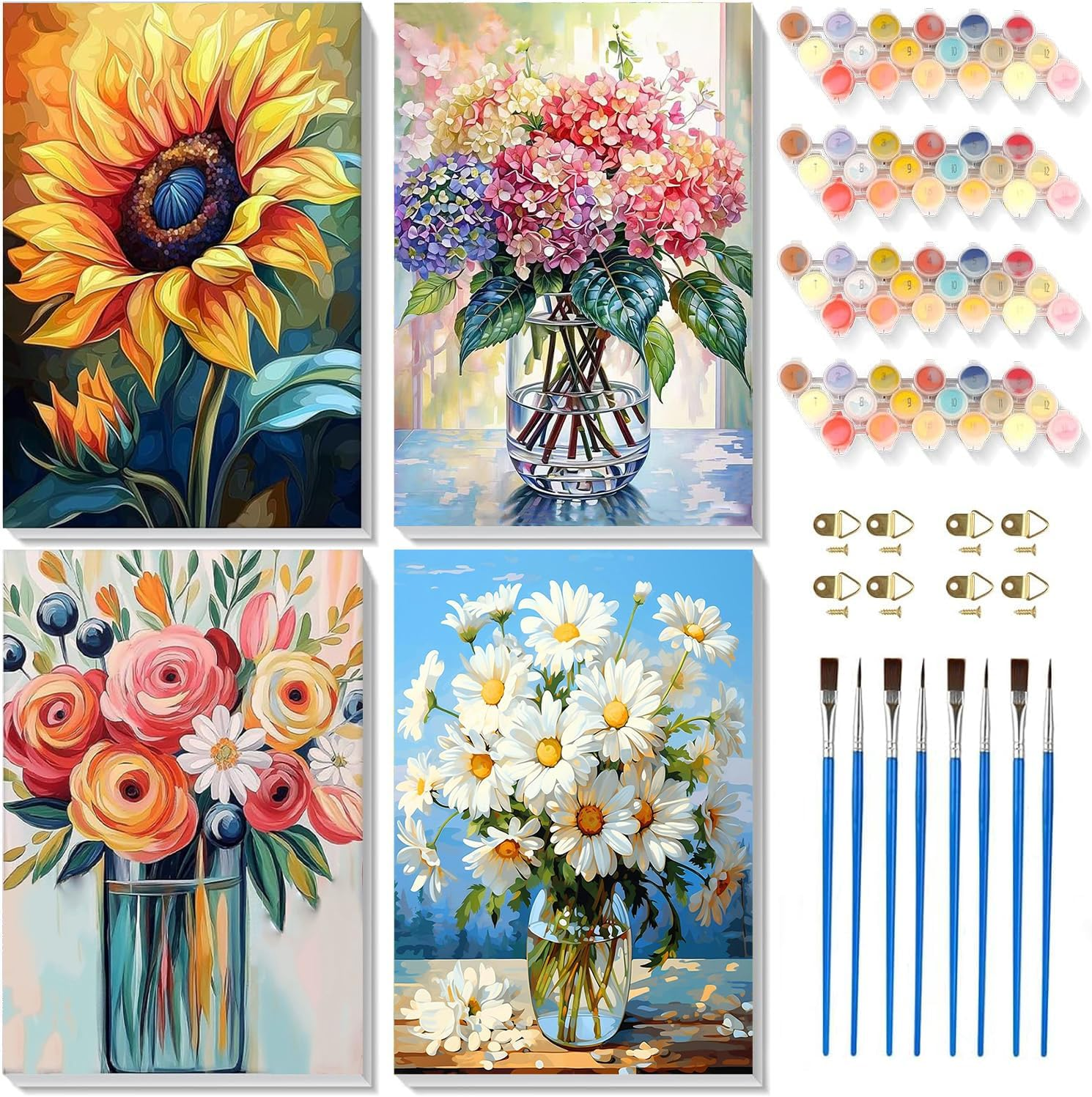 Ajepon 4 Pack Retro Cocktail Paint by Numbers Kit for Adults, DIY Vintage Easy Paint by Number with Framed Canvas, 8X12Inch