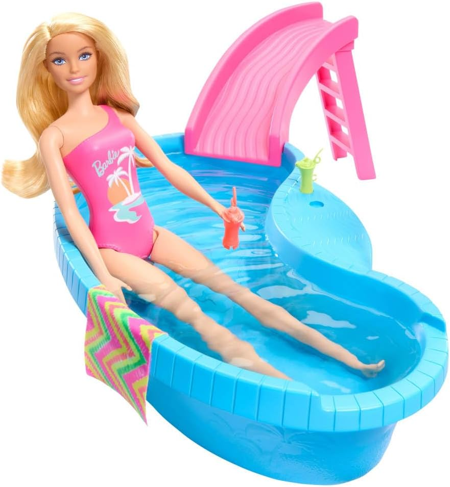 Barbie Doll and Pool Playset, Blonde in Tropical Pink One-Piece Swimsuit with Pool, Slide, Towel and Drink Accessories image number 2