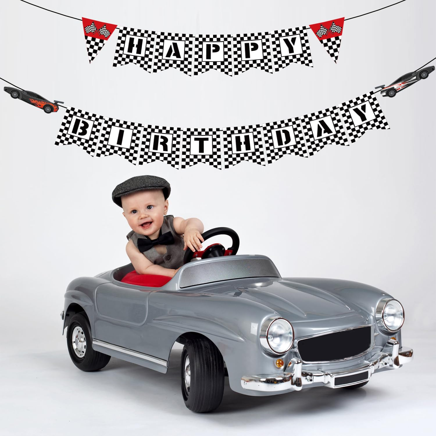Race Car Birthday Banner, Black White Checkered Happy Birthday Banner Racing Themed Birthday Banner Race Car Party Decorations for Home Gardens Wall Office image number 4