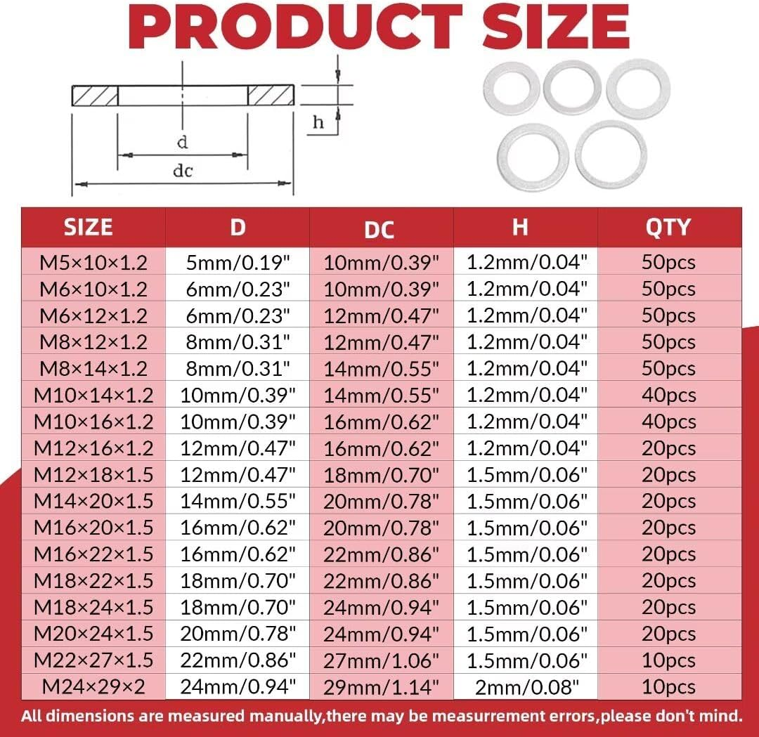 510Pcs Aluminium Sump Plug Washer Kit - Assorted Crush Washers with Key Sizes M12/M14/M16/M20 + Full Range M5-M24, Metric Oil Drain Plug Gasket Set for Automotive Maintenance image number 5