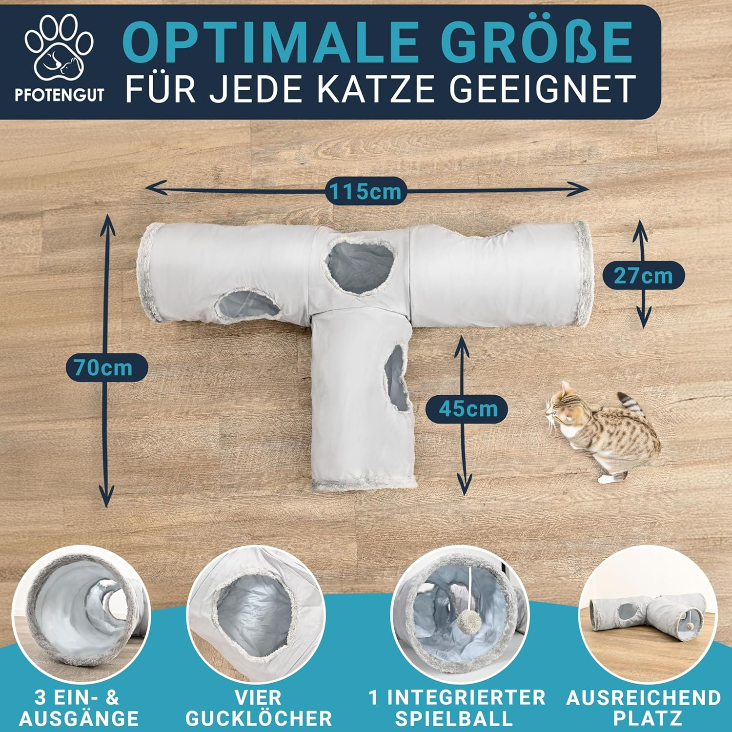 PFOTENGUT&reg; XXL Cat Tunnel for Small and Large Cats - Robust Play Tunnel for Your Cat - 115 Cm Long Tunnel with Various Openings Including Play Ball image number 3