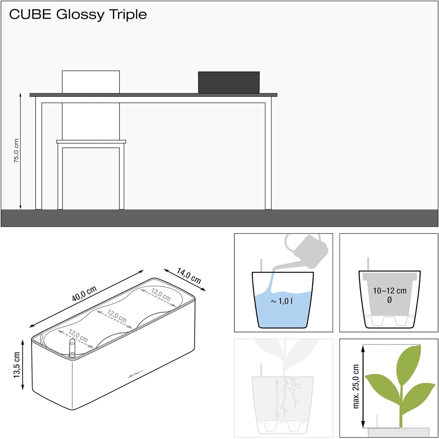 Lechuza Cube Glossy Triple Self-Watering Planter, Charcoal image number 5