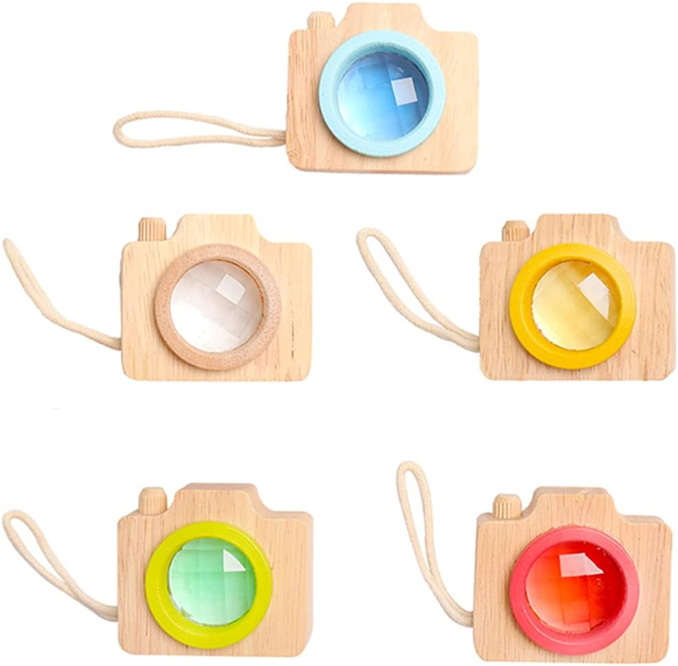 5 Pcs Mini Kaleidoscope Camera Miniature Wooden Camera with Different Colored Lenses Portable Kaleidoscope for Color Awareness Birthday Gift Mini Decorative Accessories