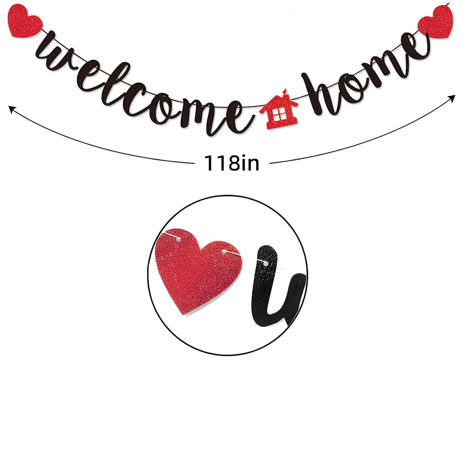 Welcome Home Banner, Black Glitter Welcome Home Banner on 8 Ft Strand - Housewarming, Homecoming, & Military Return Party Decorations & Decor (Red) image number 4