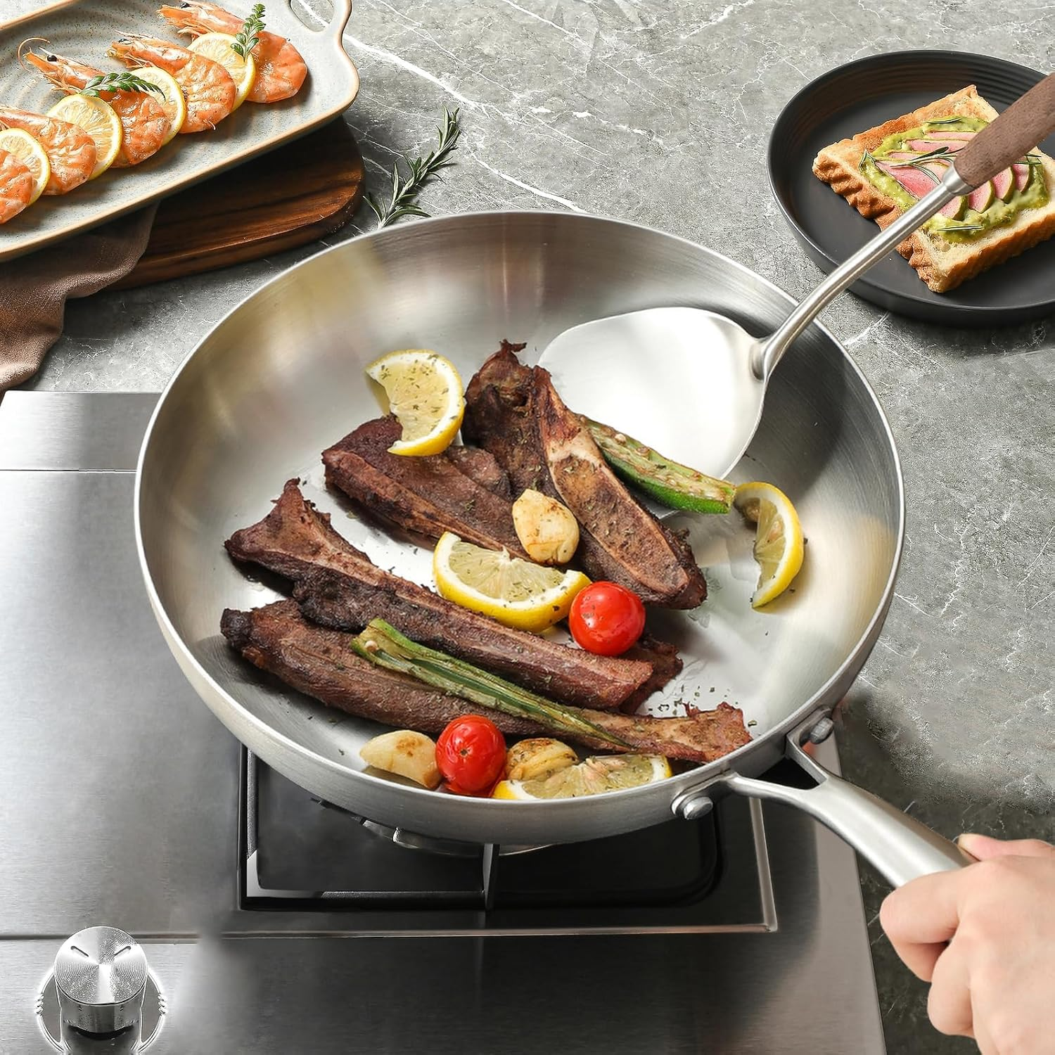 Stainless Steel Frying Pan Wok Nonstick Pan Fried Steak Pot Uncoated Kitchen Cookware for Gas Stove and Induction Cooker (22CM) image number 6