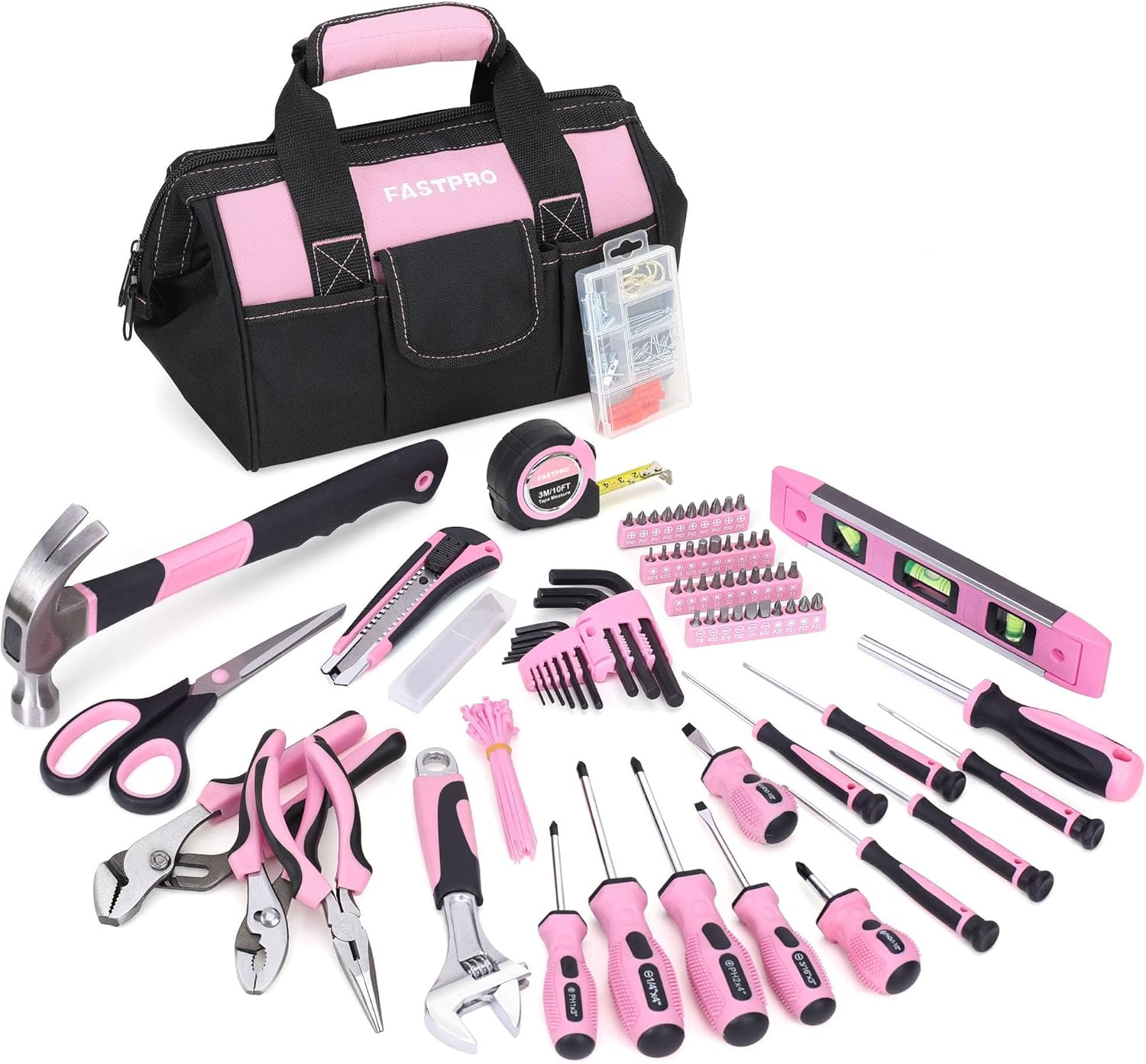 FASTPRO Pink Tool Set, 220-Piece Lady'S Home Repairing Tool Kit with 12-Inch Wide Mouth Open Storage Tool Bag image number 2