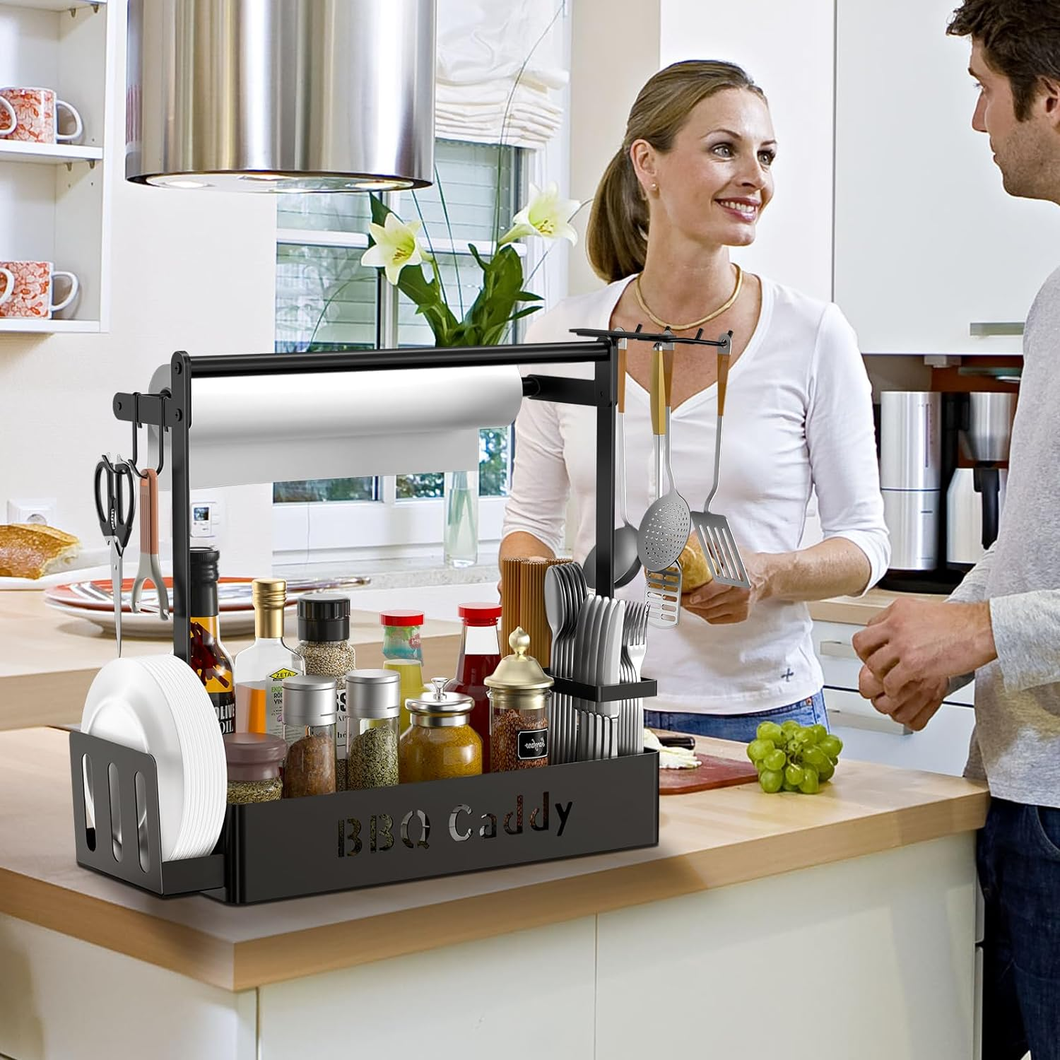 ZDDLOINP Grill Caddy with Paper Towel Holder, Plate Cutlery & Flatware Organizer, Picnic Condiment Caddy with 4 Hooks for Outdoor Barbecue Accessories image number 4