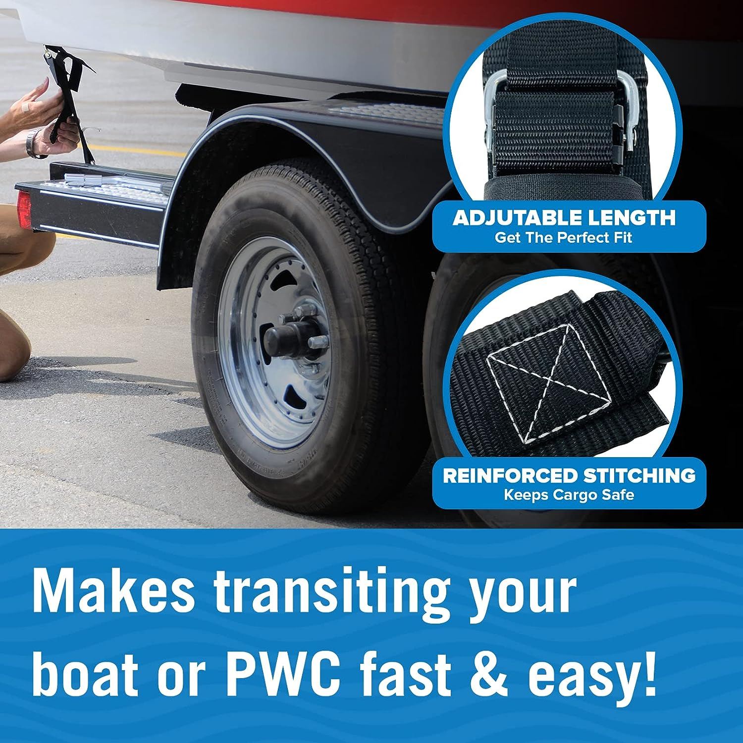 Boat Tie down Straps, 2 Inch X 48 Inch, Heavy Duty Manual Buckle Clasp, Short Transit Tiedown for Trailer, Boat, Jet Ski, and Boating Accessories, 4 Ft with Clip without Ratchet image number 2