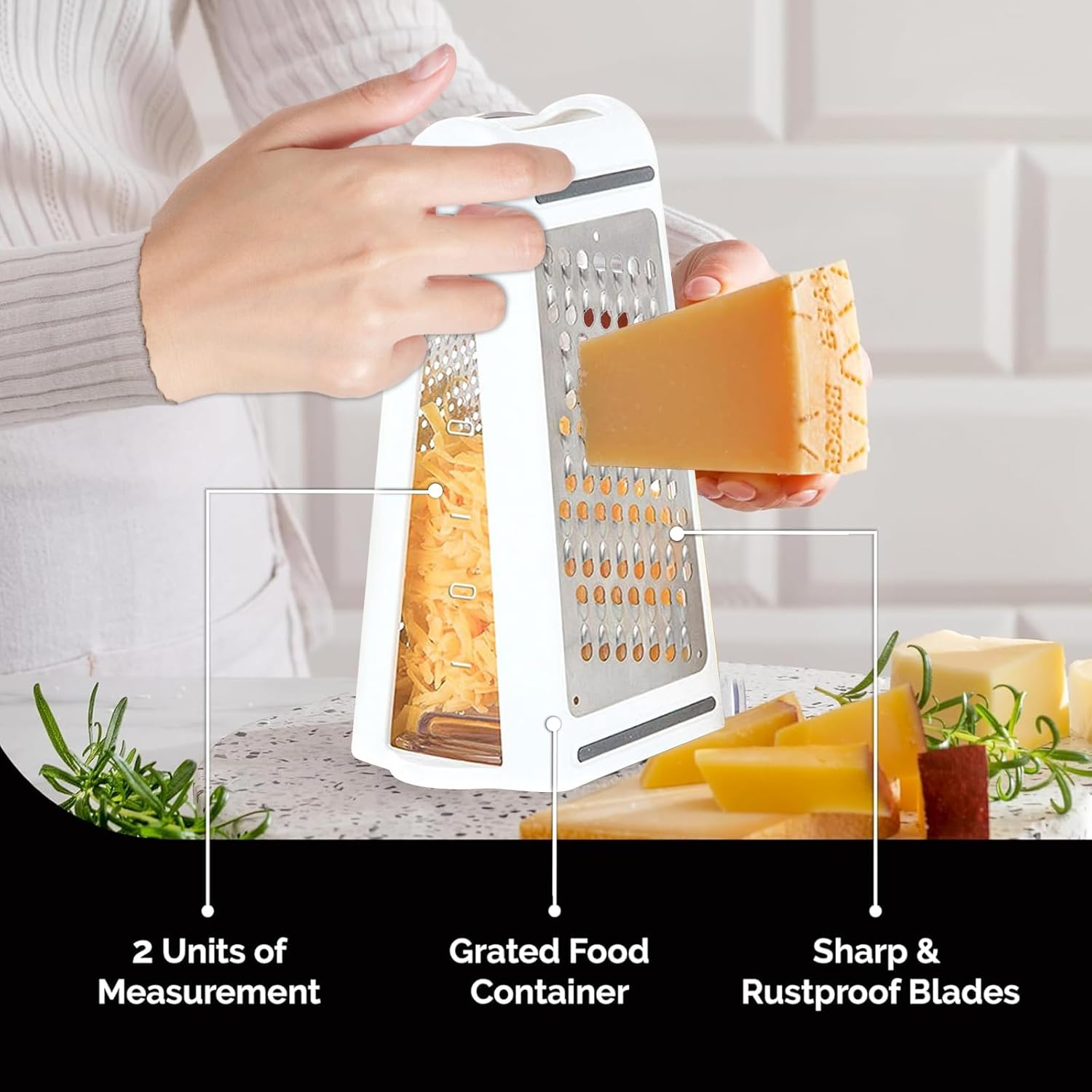 2-Sided Kitchen Grater, Vegetable Slicer Stainless Steel with Container, for Vegetables, Potatoes & Cheese, Rustproof Square Grater with Fine/Coarse Side, for Kitchen Enthusiasts (22 X 13.5 X 8.5 Cm) image number 2
