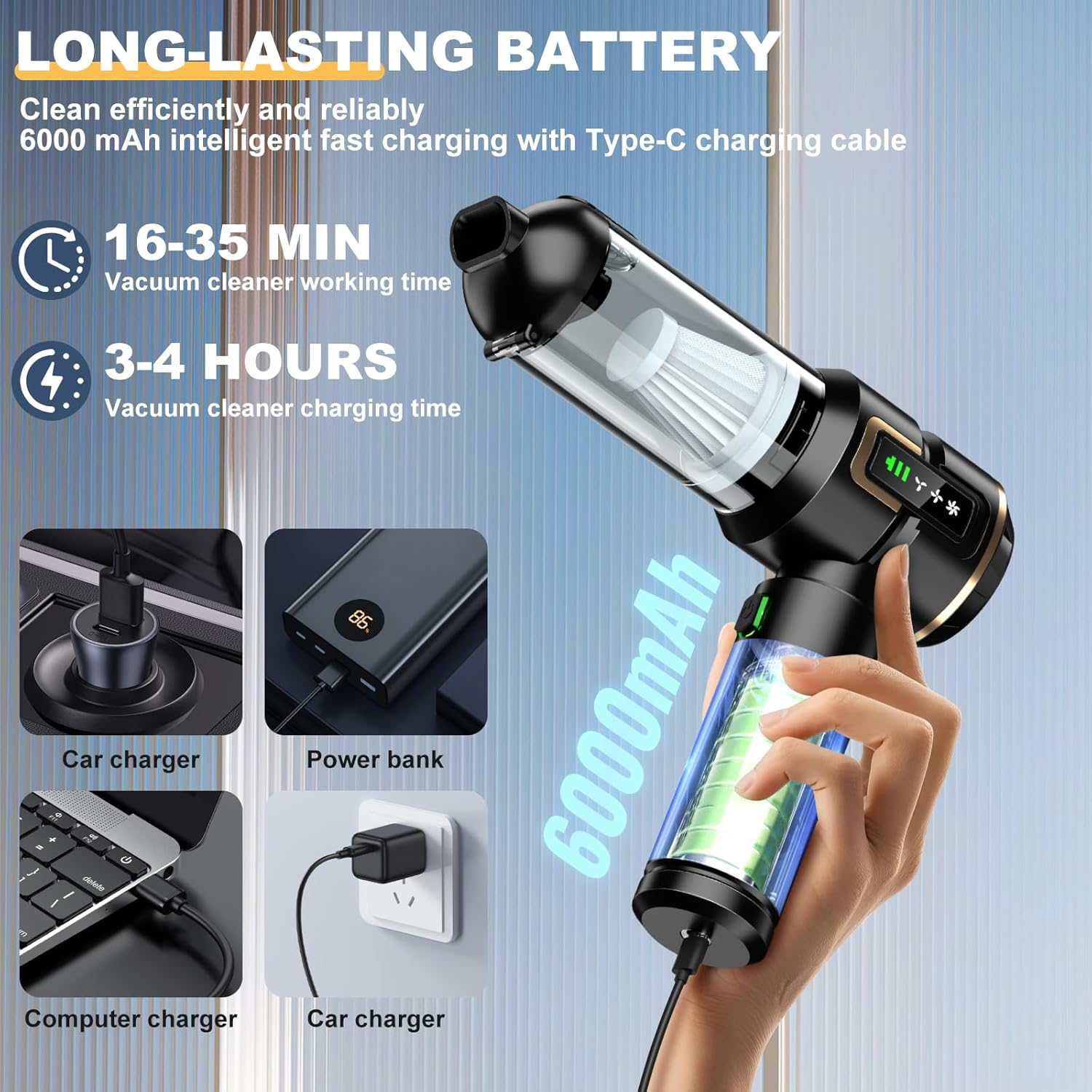 Car Vacuum Cleaner 4-In-1 with LCD Display, 25000PA High Power Mini Vacuum Cleaner, Rechargeable Handheld Vacuum, Car Hoovers, Portable Cordless Compressed Air Duster Air Blower for Car, Home,Office image number 2