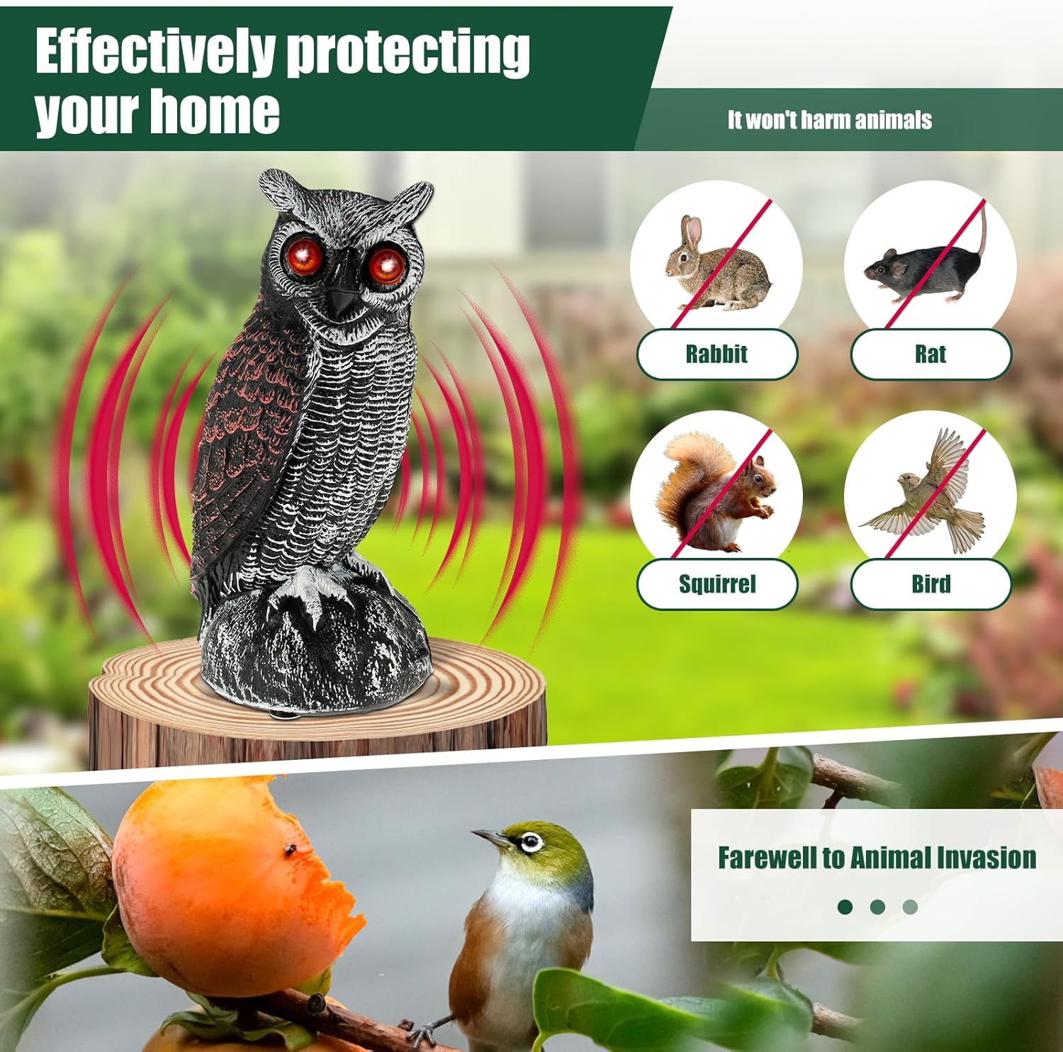 Solar Owl Decoys, Owl Bird Deterrent to Scare Birds Away with Red Flashing Eyes & Scaring Sound, 2 Working Modes Waterproof Solar Scarecrow Easy to Install to Keep Birds Away Outdoor (Set 01) - Set 02 image number 3