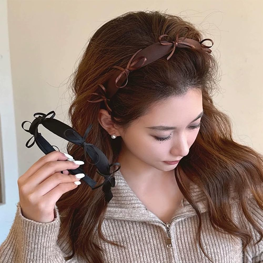 Cute Bow Headband Women'S French Bows Headband Black Brown Ribbon Bow Headband Hair Band Women'S Plastic Satin Bow Knot Hair Band Kawaii Bows Hair Accessories Women image number 2