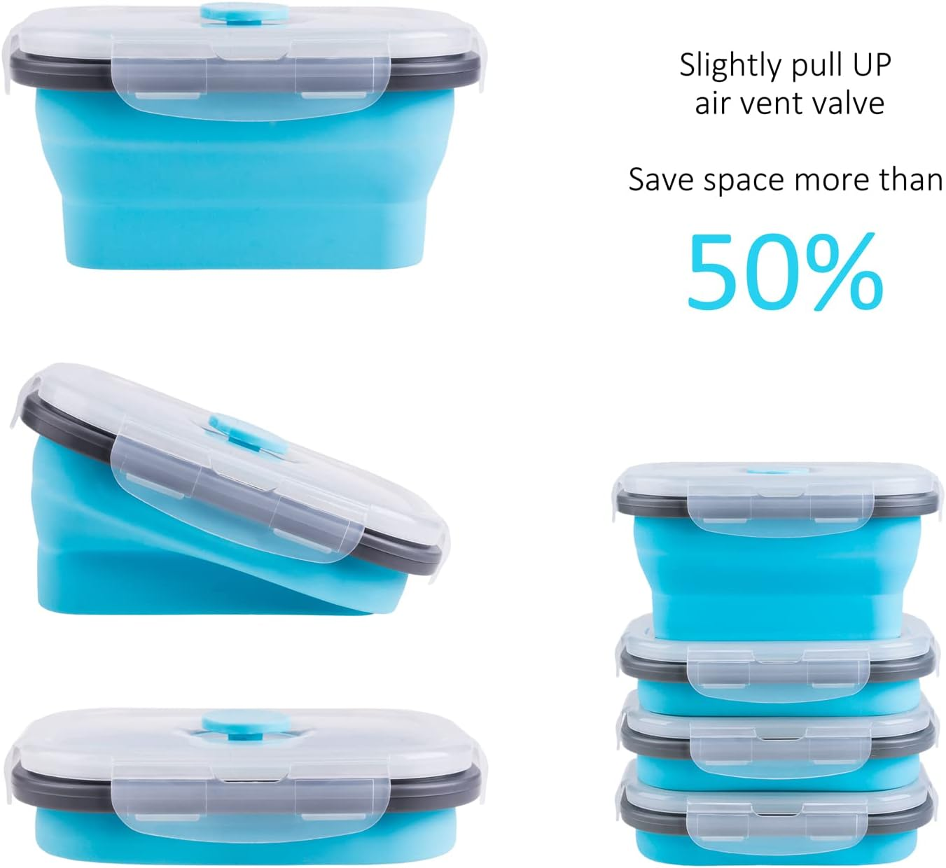 Collapsible Food Storage Containers with Airtight Lid and Vent Valve, Stacking Silicone Collapsible Storage Containers for Food, Microwave & Freezer & Dishwasher Safe, Blue, Small, Set of 4 image number 1