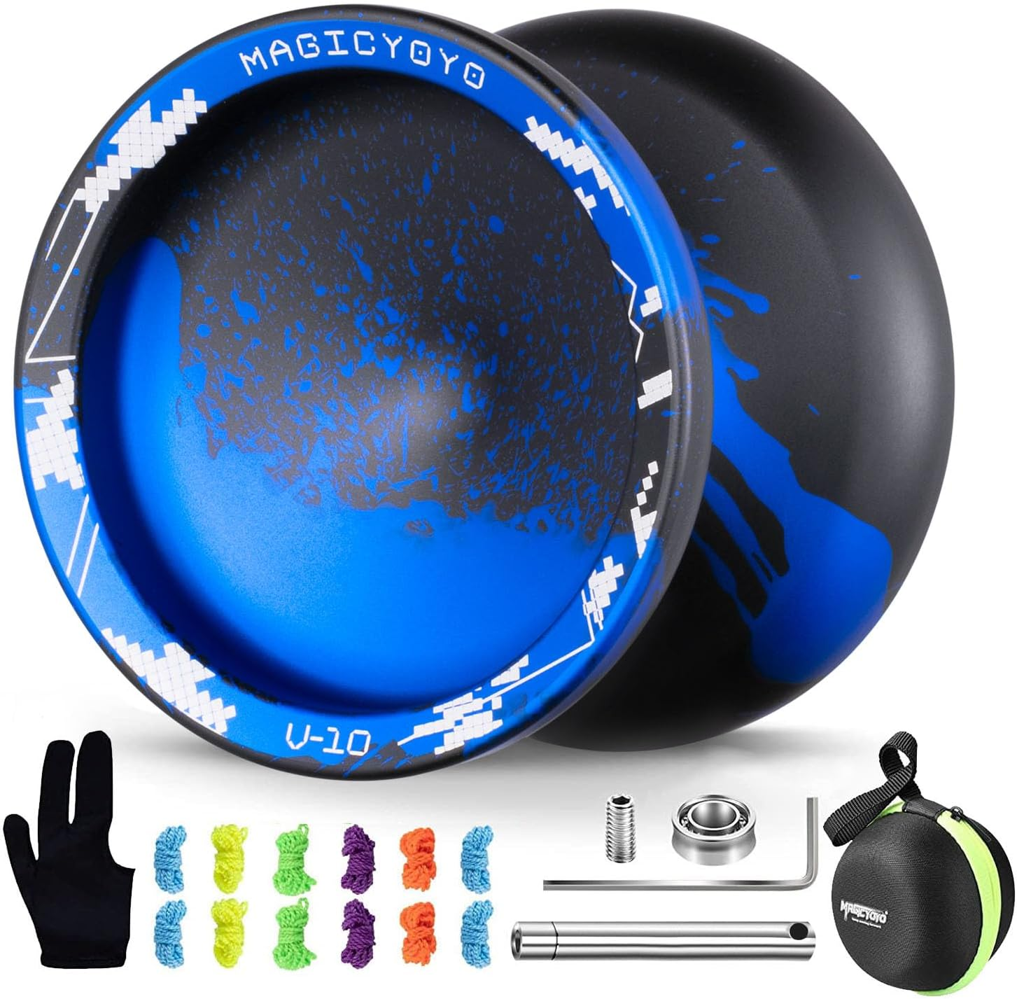 MAGICYOYO V10 Finger Spin Yoyo Professional Metal Trick Yoyo Responsive & Unresponsive Dual Purpose Yo Yo with Storage Case + Yo Yo Glove +12 Strings(Black Blue) image number 1
