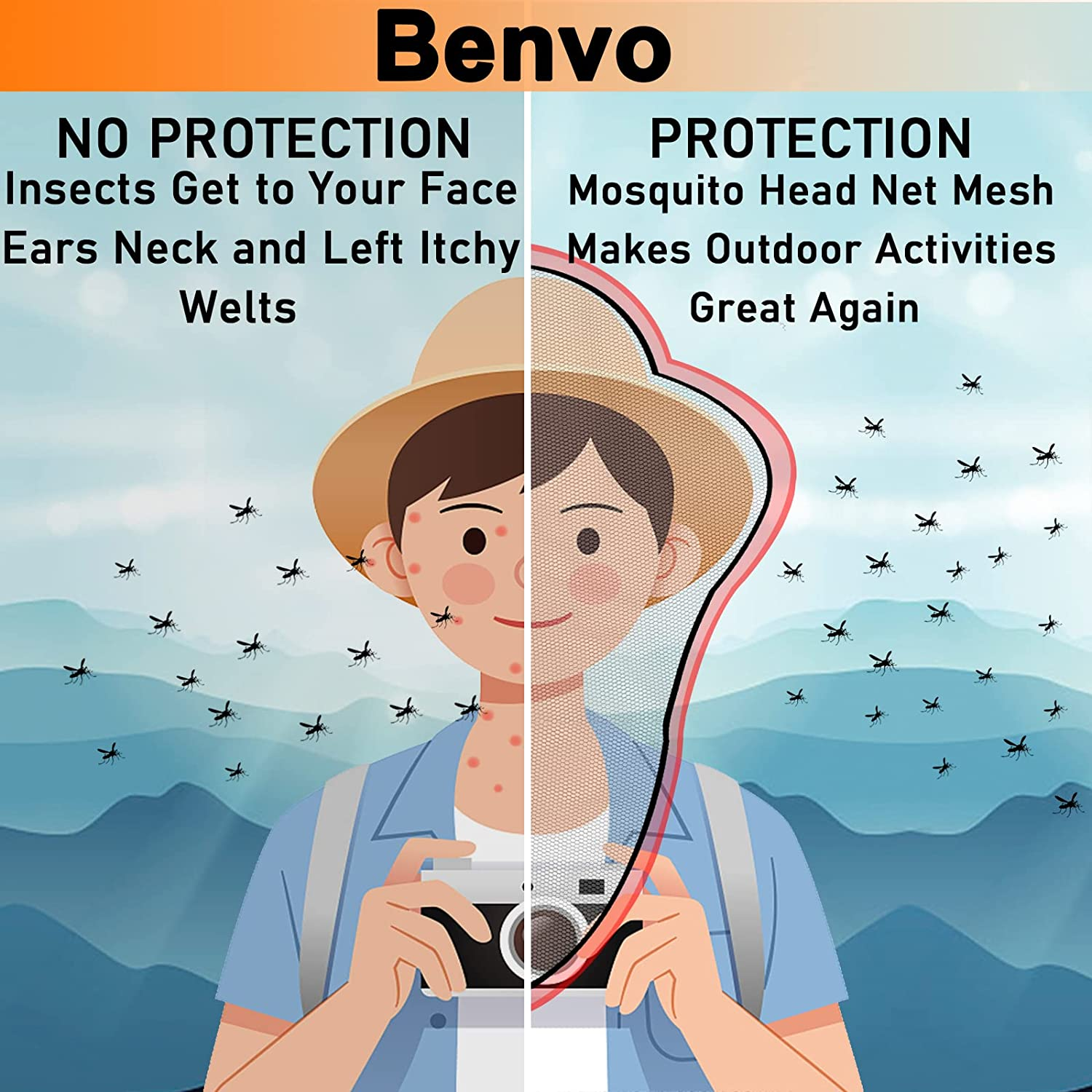 Benvo Head Net Mesh, Protective Cover Mask Face from Insect Bug Bee Mosquito Gnats for Any Outdoor Lover- with Free Carry Bags