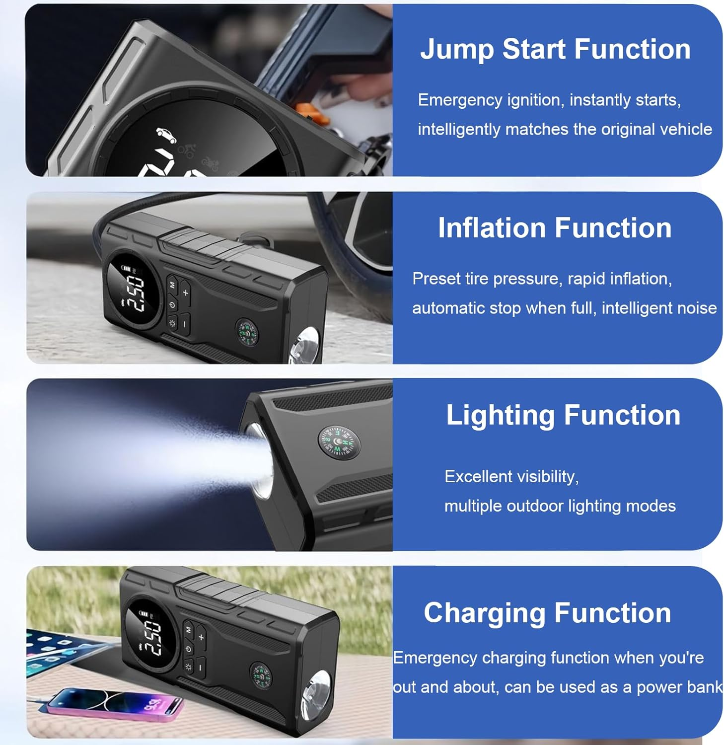 Jump Starter with Air Compressor: 600A Battery Jumper Starter Portable for up to 7L Gas and 4L Diesel Engines, 39800Mah Tire Inflator with USB Ports, Multifunctional Portable Digital Display Car image number 3