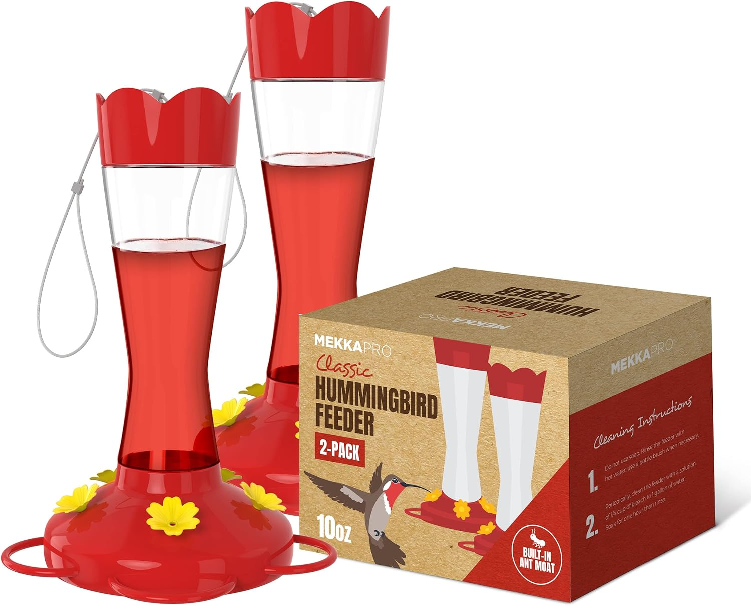MEKKAPRO Two-Pack Outdoor Hummingbird Feeder Made from Glass, 10Oz, Hanging 5 Nectar Feeding Stations, Bright Red, Backyard Feeder (10 Ounce - 2 Pack) image number 5