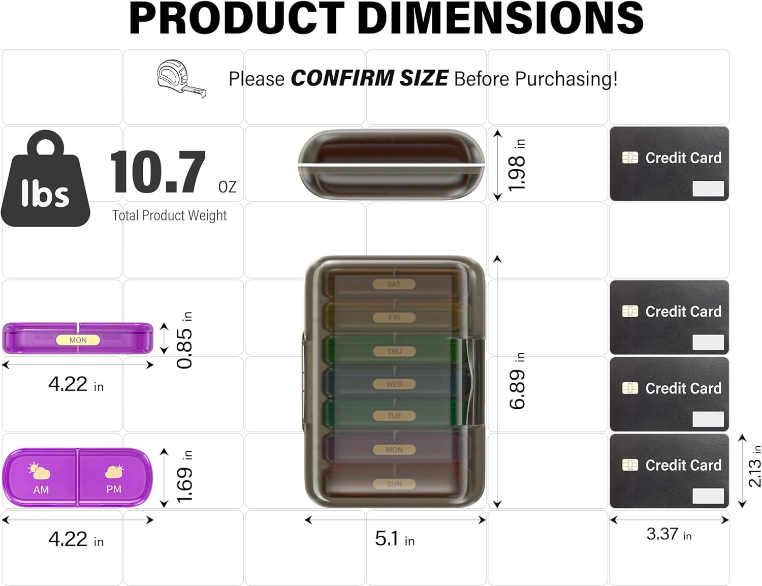 Weekly Pill Organizer 2 Times a Day, 7 Day Pill Box 2 Times, Portable for Travel Pill Case for Pills/Vitamin/Fish Oil/Medication/Supplements (2X7 Black+Rainbow) image number 5