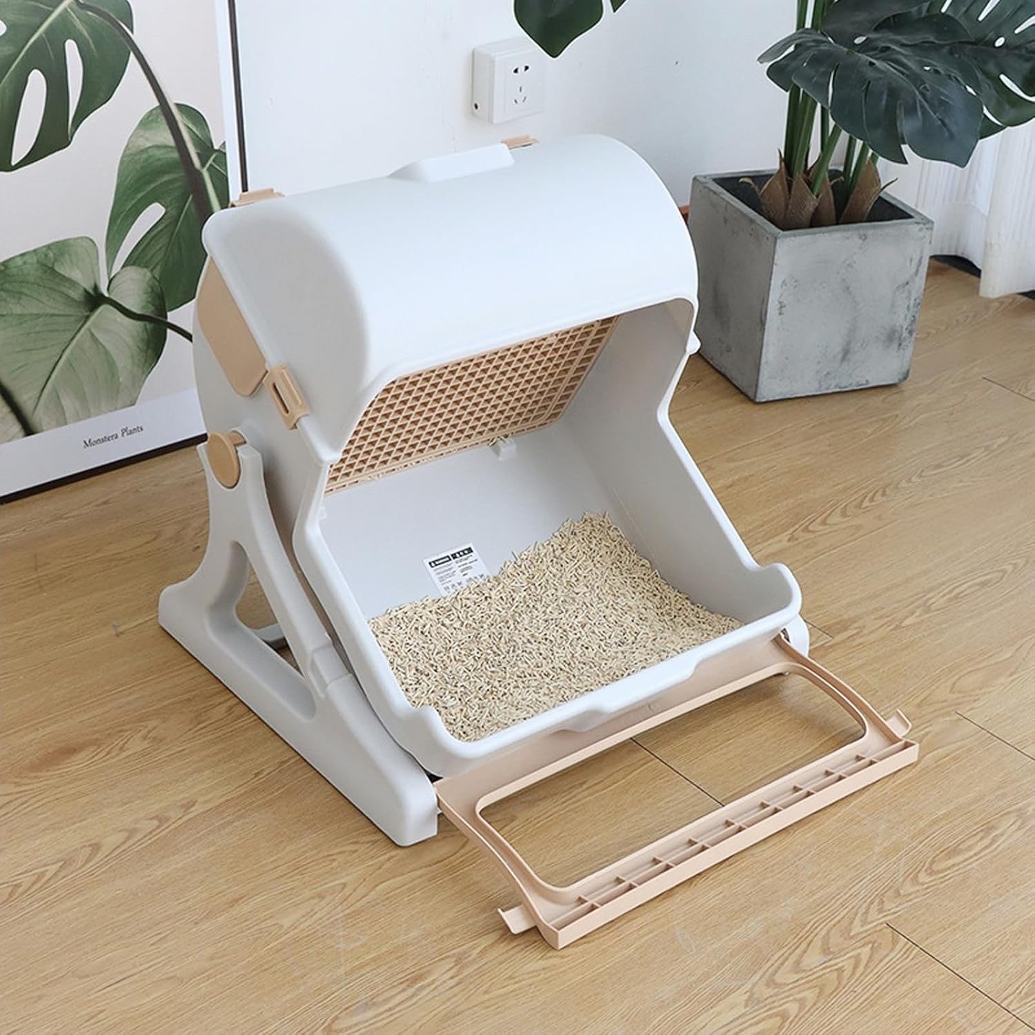 Bewinner Self Cleaning Cat Litter Box Enclosure Semi Automatic, PP Plastic Easy Assembly Tipping Bucket Style Large Kitty Litter Box for Indoor Cats