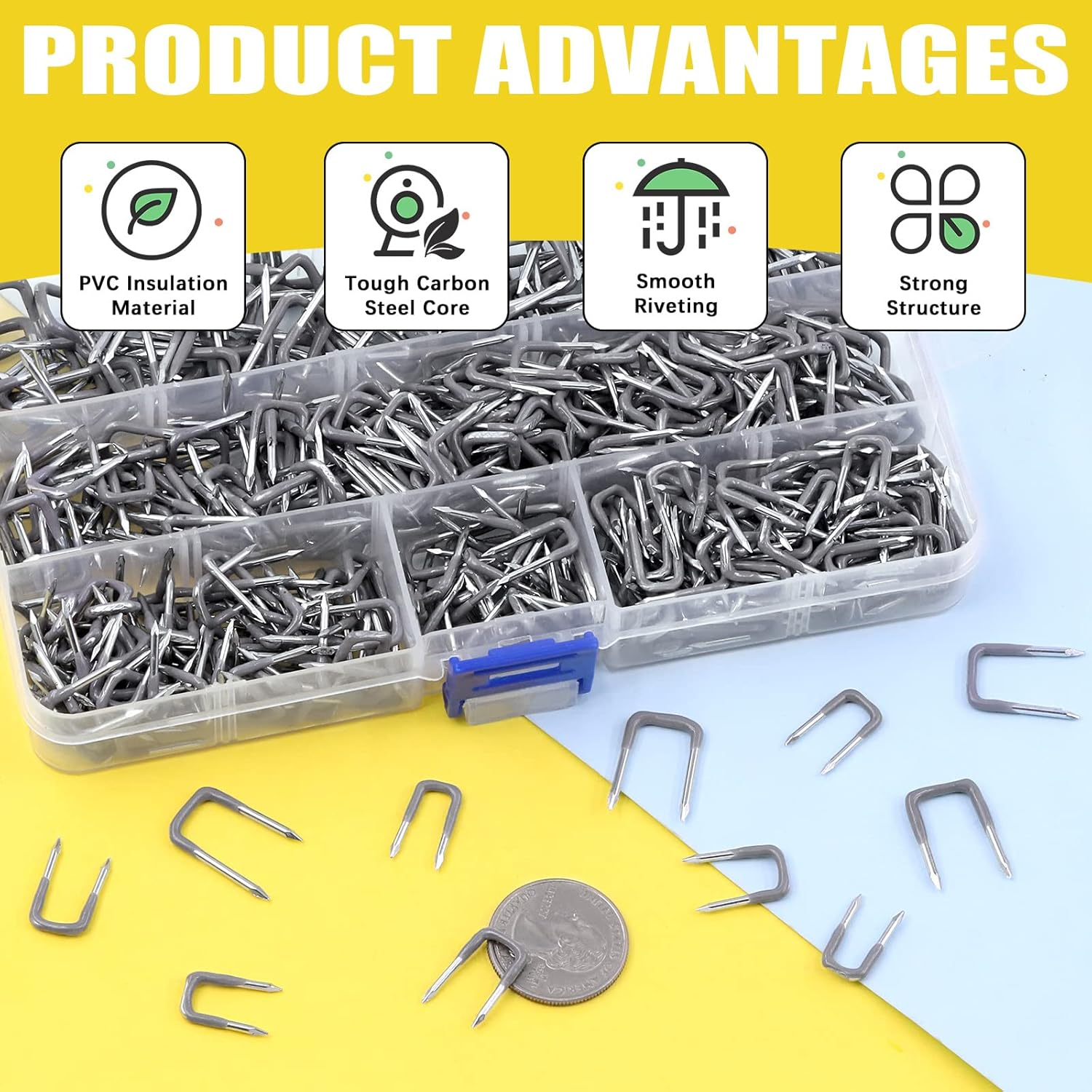 Mardatt 540 Pcs Insulated U Staple Nail Assortment Set with Storage Case, 0.56", 0.44&ldquo;, 0.41", 0.36" Metal Cable Staple for Fixing Electrical Wire image number 4