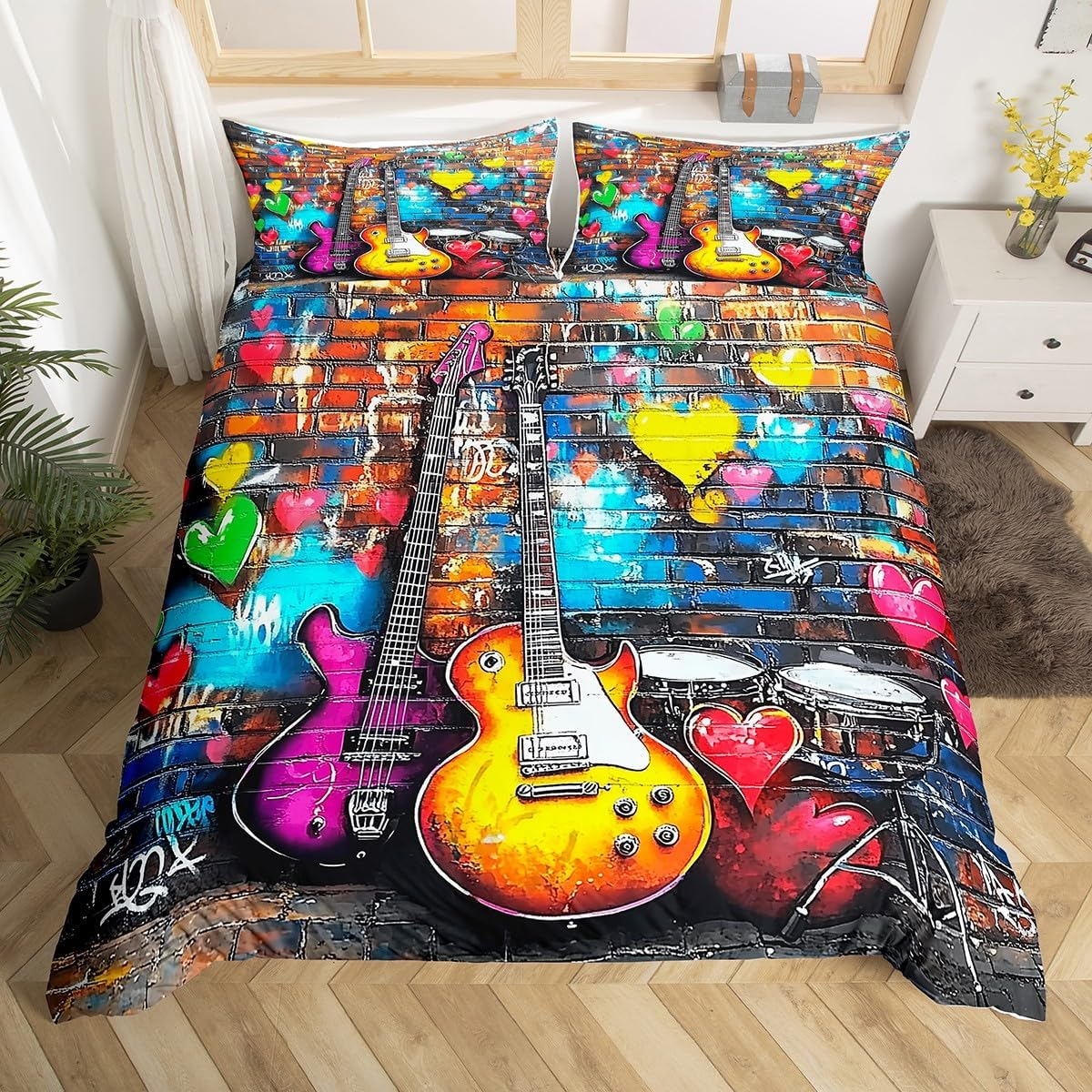 Electric Guitar Duvet Cover Set Queen Size,Tie-Dye Graffiti Brick Wall Bedding Set,Boys Girls Room Decor,Rock Music Modern Artwork Comforter Cover,Corlorful Quilt Cover,2 Pillowcases(No Comforter)