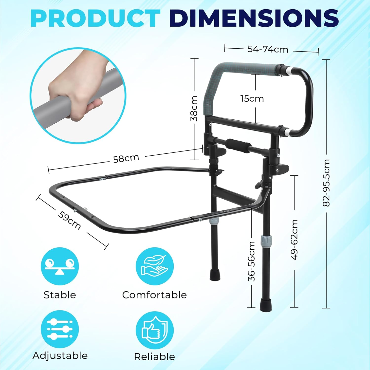 Heavy Duty Bed Rails for Elderly Adults (150Kg Capacity) - Foldable Support Handle W/Adjustable Legs &ndash; Any Size/Queen/King Size Bed Rail for Elderly Safety - Australian Owned Mobility Aid image number 4