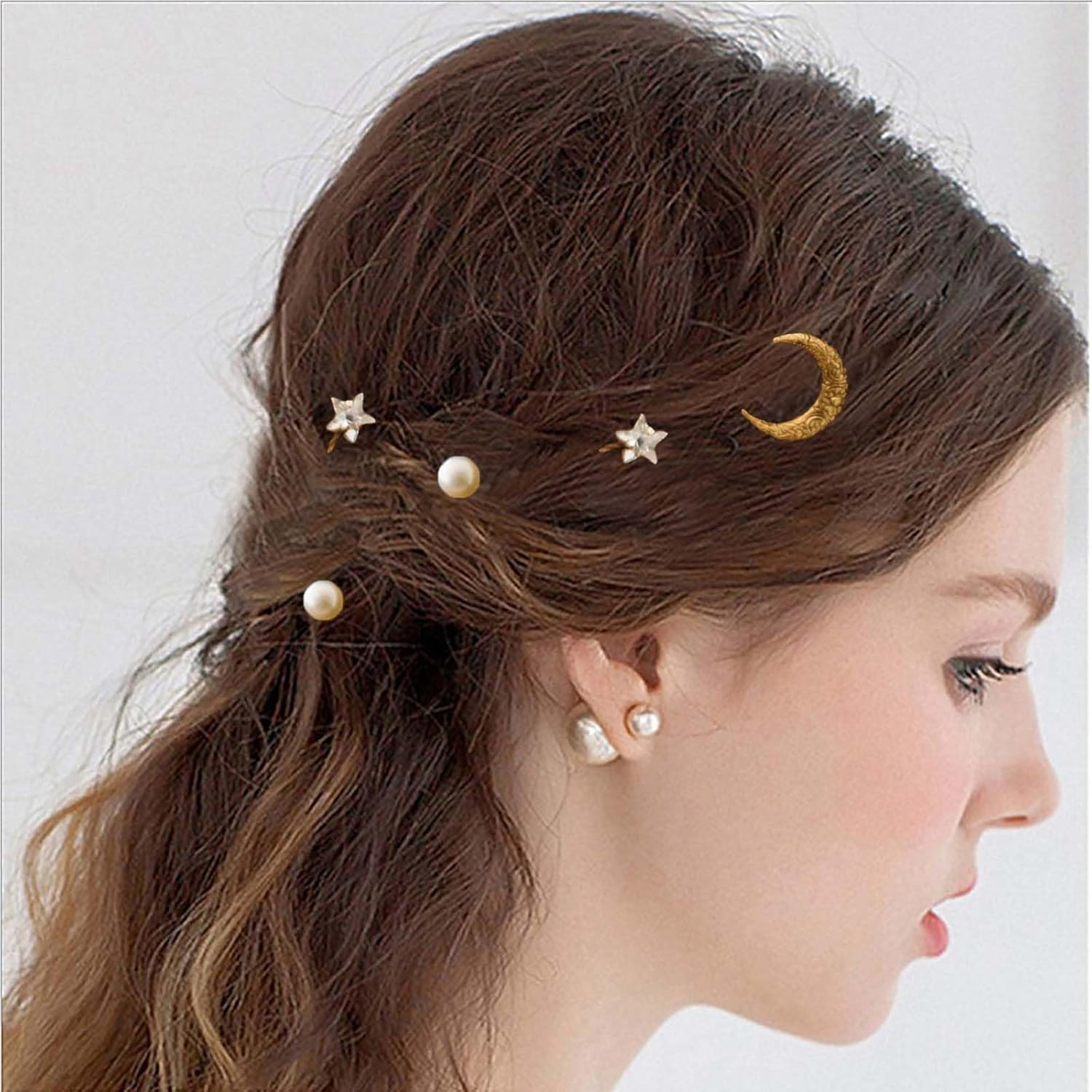 Inateannal Rhinestone Moon Star Hair Clips Gold Pearl Star Moon Hair Clip Sets Bridal Pearl Hair Bobby Pins Wedding Decorative Bobby Pins Prom Hair Accessories 5 Pieces image number 6