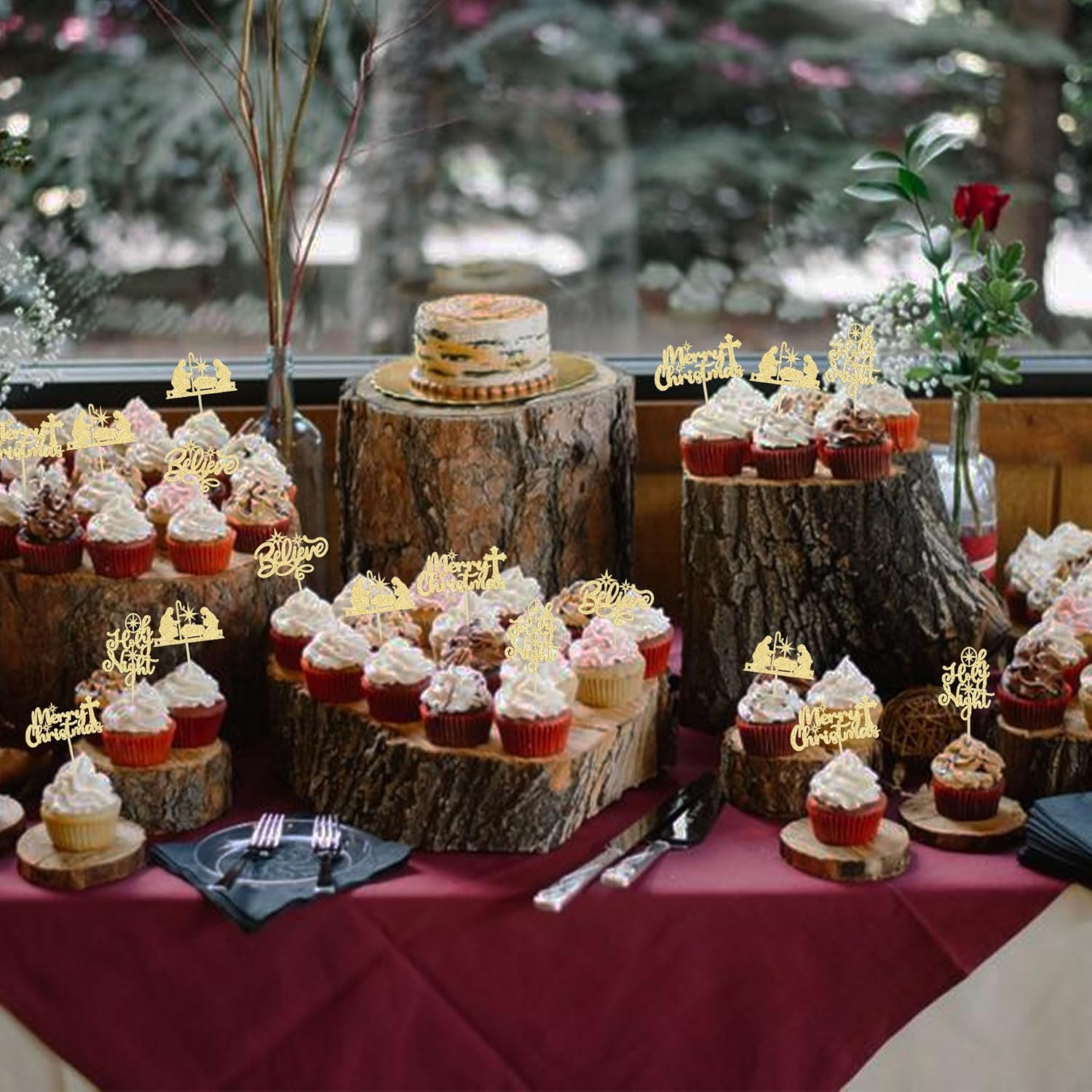 24Pcs Christmas Jesus Cupcake Toppers Glitter Holy Night Blessed Believe Christmas Nativity Cupcake Picks for Nativity Scene Theme Christmas Jesus Birthday Party Cake Supplies Gold