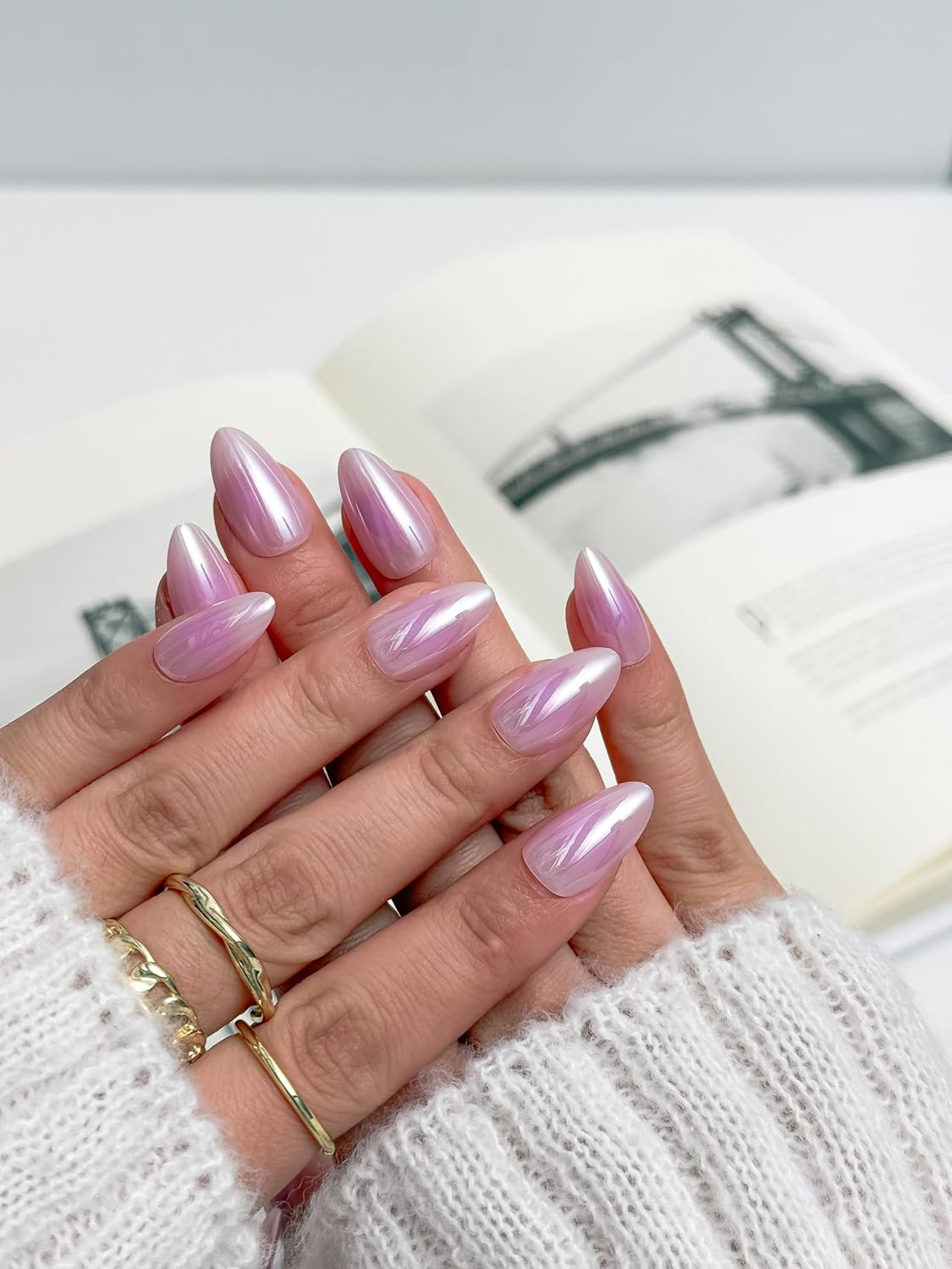 Press-On Nails | Iridescent Lilac Pink Almond False Nails, Reusable Stick-On Fake Nails with Adhesive Tabs and Glue | Salon-Grade Quality | Transparent Storage Box | 15 Sizes - 30 Nail Kit