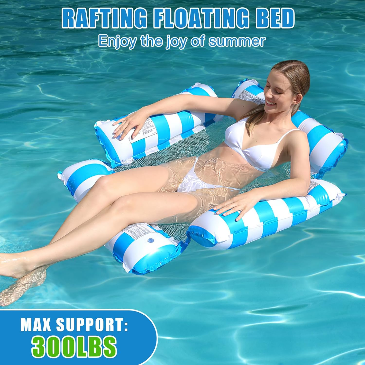 4 in 1 Adult Pool Floatboard with Pump and Beach Ball. Inflatable Pool Floatboard, Portable Water Hammock with Bottom Mesh for Summer Event Pool Party