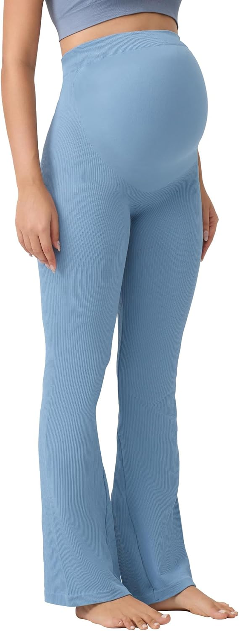 Angelhood Women'S Maternity Flare Leggings over the Belly Ribbed Pregnancy Yoga Leggings Workout Activewear Maternity Pants