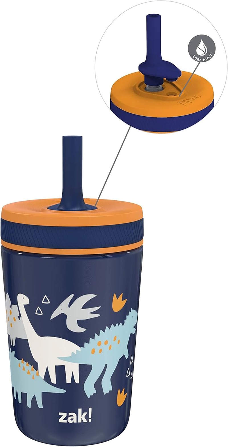 Zak Designs Kelso Toddler Cups for Travel or at Home, 12Oz Vacuum Insulated Stainless Steel Sippy Cup with Leak-Proof Design Is Perfect for Kids (Zaksaurus)