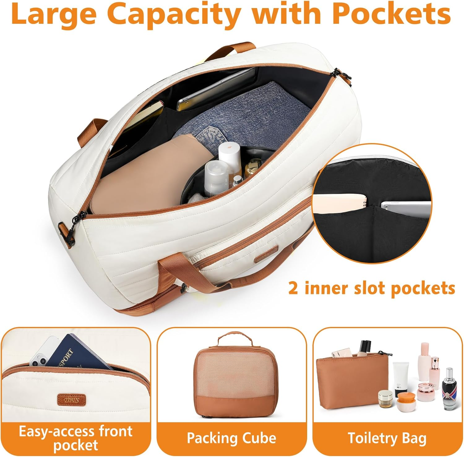 Travel Weekender Bag for Women, Overnight Bag with Shoe Compartment, Oversized Travel Duffel Bag Carry on Tote with Trolley Sleeve 21" for Weekend Travel Business Trip, White Brown, Large image number 3