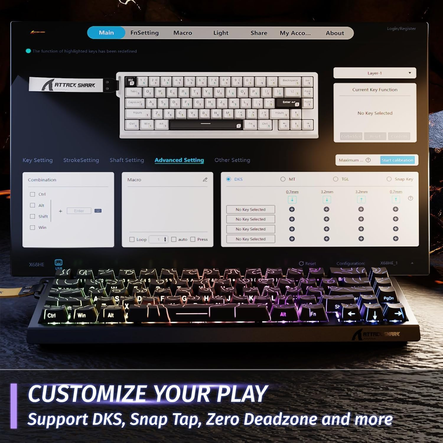 Attack Shark X68 HE Gaming Keyboard & R1 Mouse Combo,8Khz Magnetic Switch Keyboard, 16.8M RGB, Custom Actuation, 55G Ultra-Light Mouse with 18,000 DPI & Tri-Mode Connectivity for Esport Gamer-Black