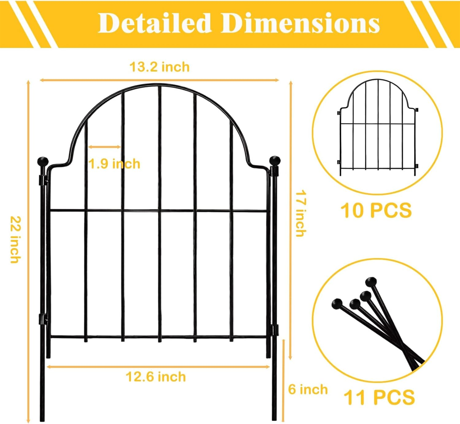 Garden Fence, 22 In(H) X 10.83 Ft(L) Arched Rustproof Metal No Dig Fence Garden Fence Border, Ground Stake Animal Barrier Fence for Rabbit Dog, Outdoor Decor for Yard & Patio - 10Pcs, 10.83Ft image number 2