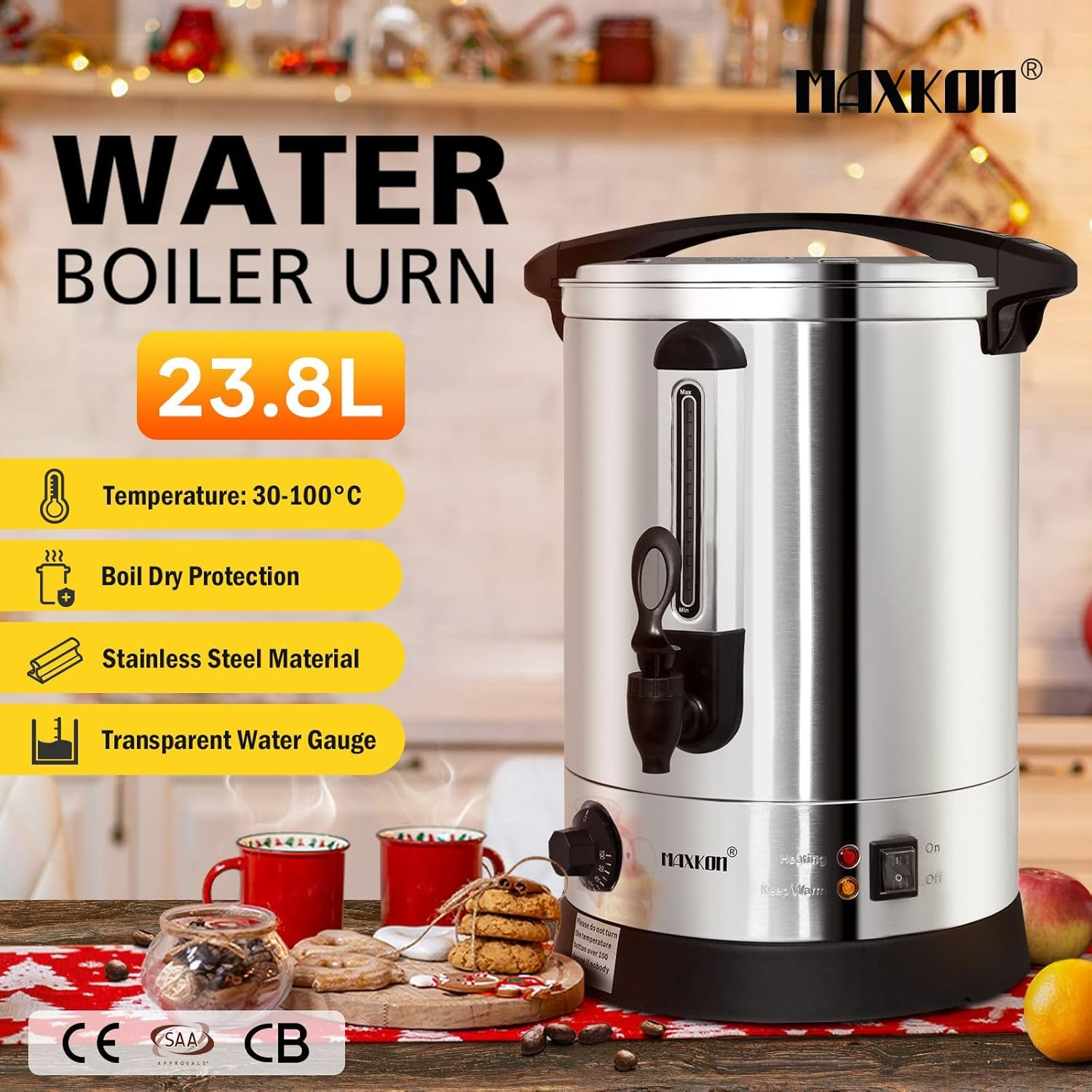Maxkon 23.8L Urn Kettle Water Dispenser Instant Hot Cold Tea Coffee Maker Commercial Home Camping Boiler Machine Stainless Steel with Tap image number 1